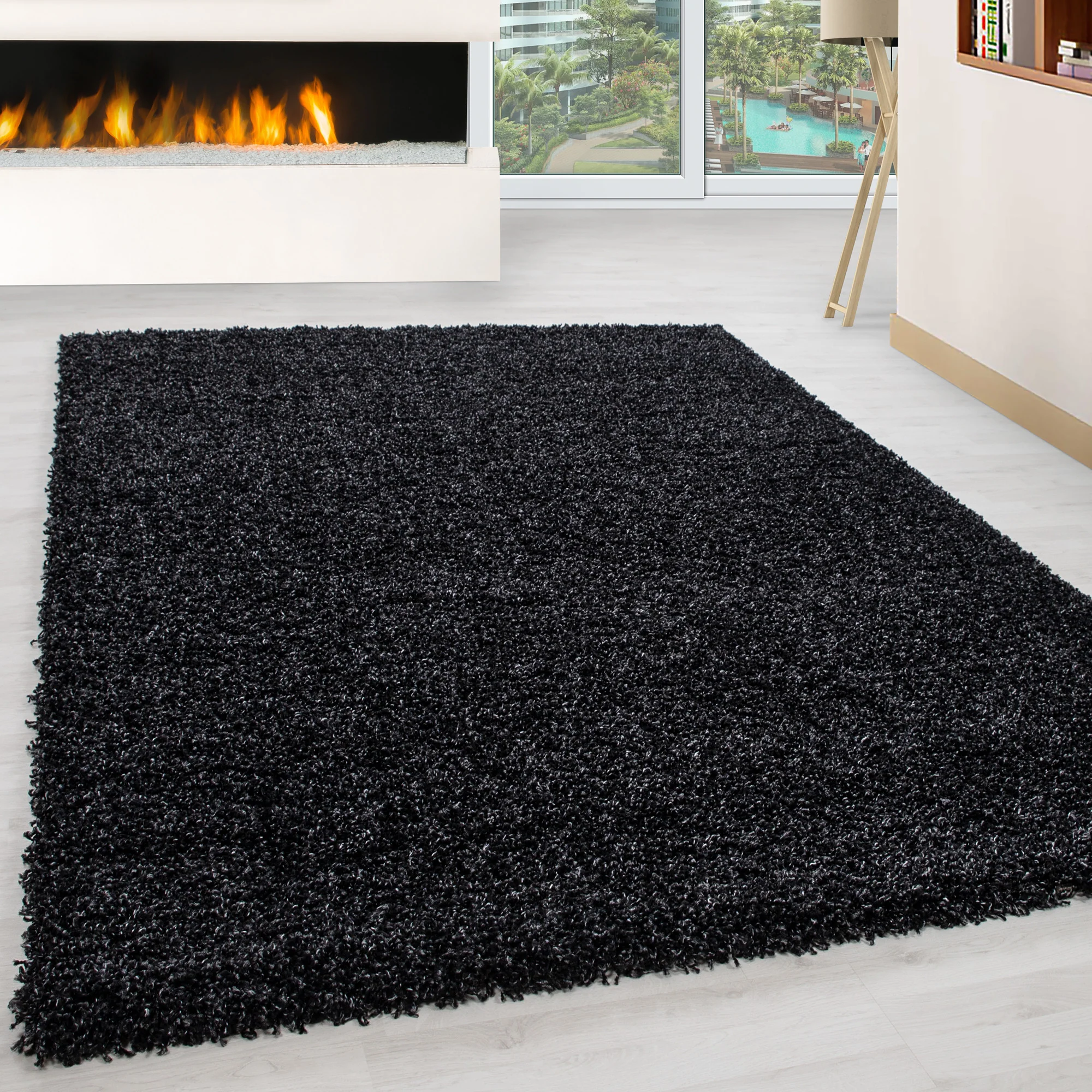 Unicolor Hochflor Teppich: Einfarbig Anthrazit