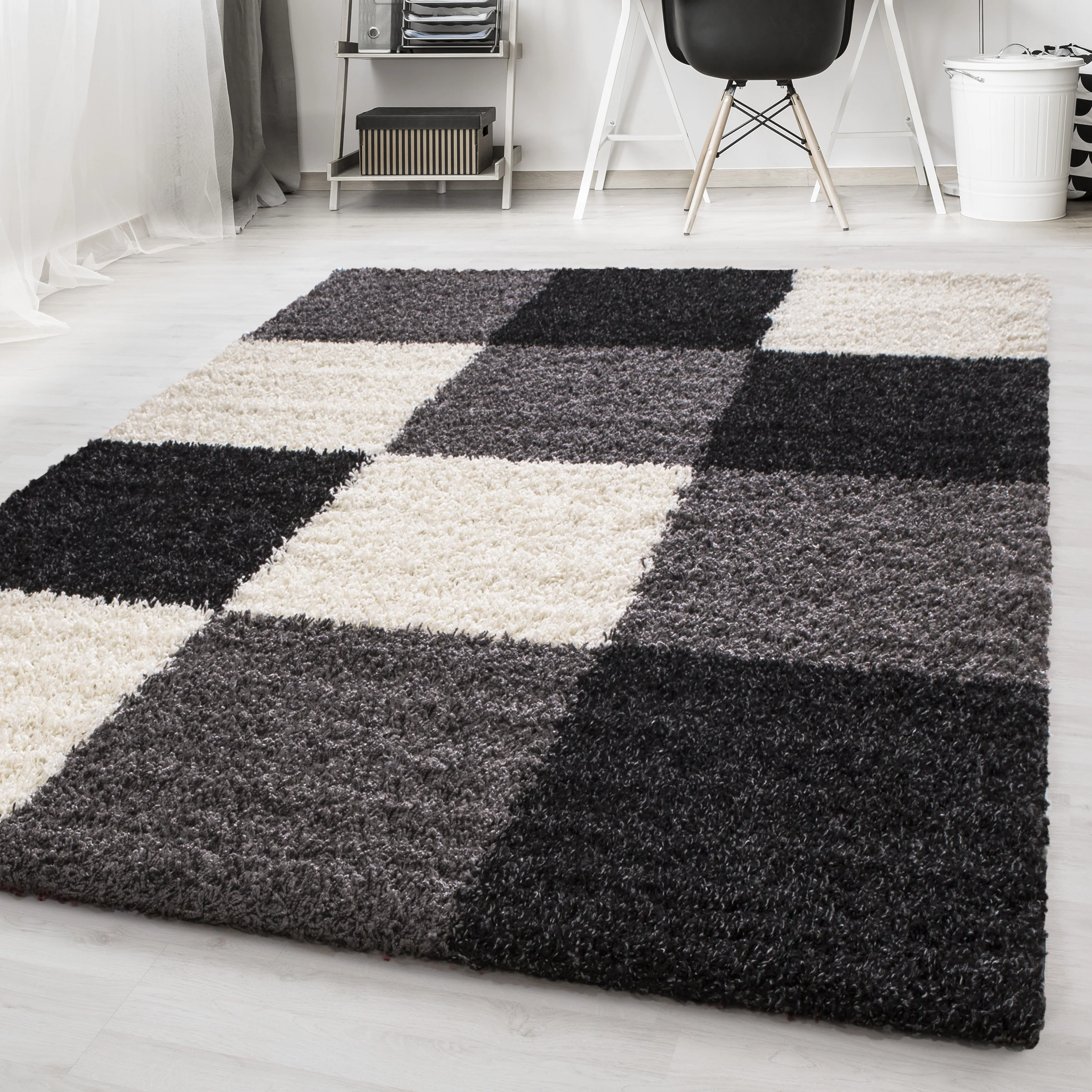 Hochflorteppiche, Kariert Design, Farbe Schwarz, Teppich für Wohnzimmer, Rücken aus Jute