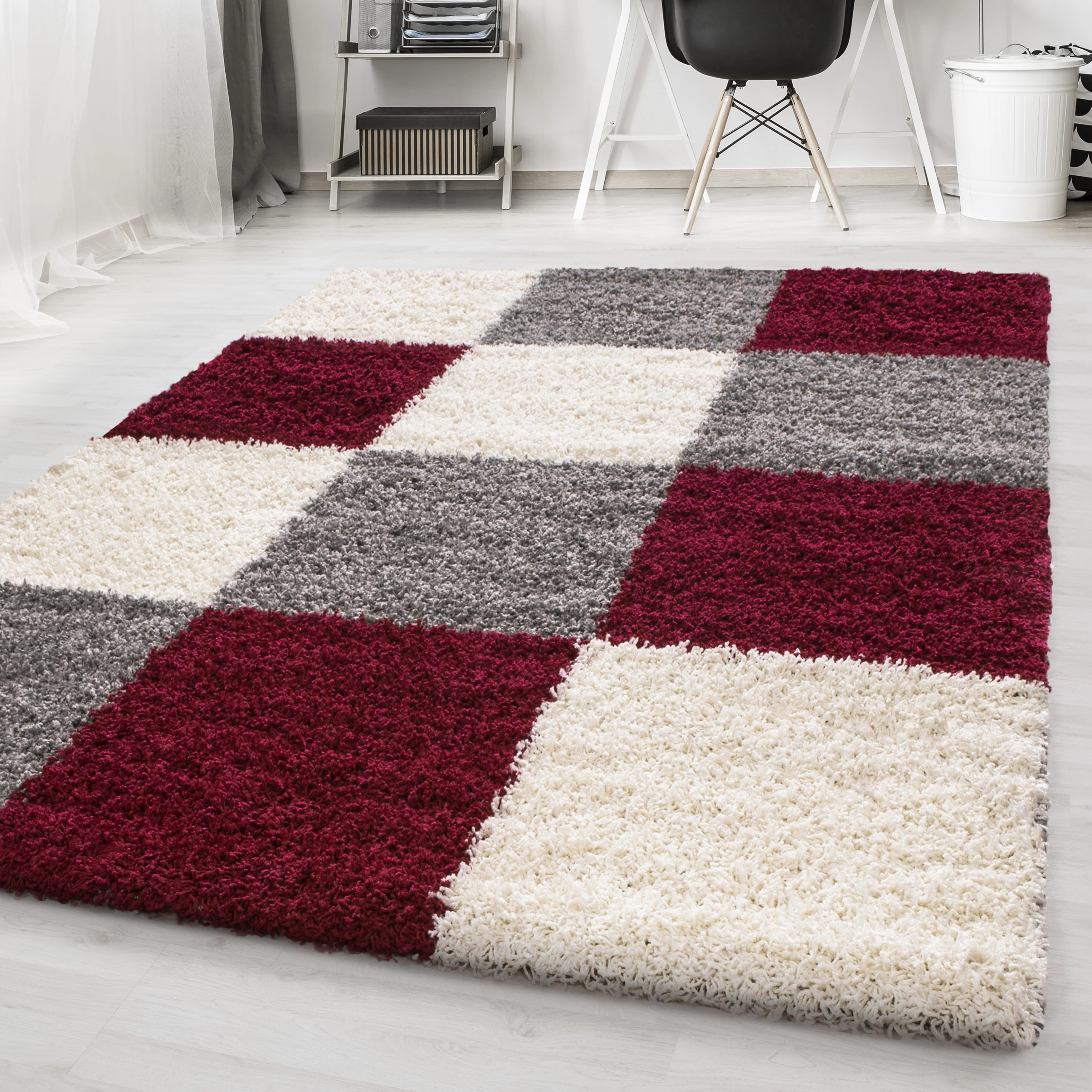Hochflorteppiche, Kariert Design, Farbe Rot, Teppich für Wohnzimmer, Rücken aus Jute