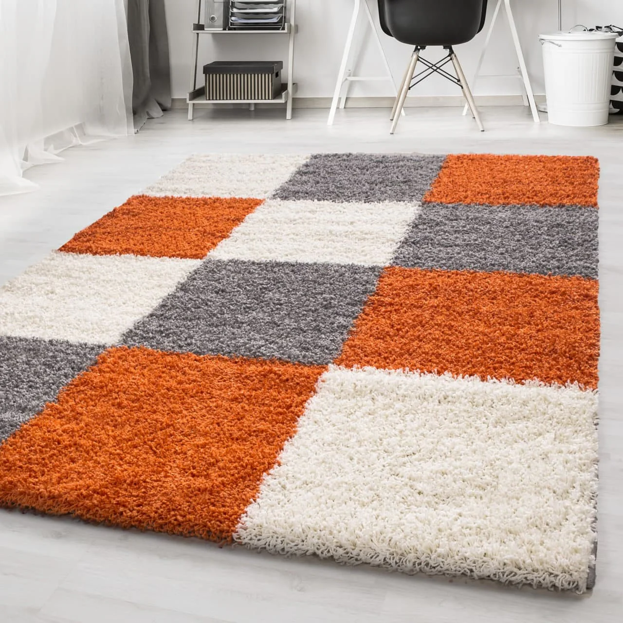 Hochflorteppiche, Kariert Design, Farbe Terrakotta, Teppich für Wohnzimmer, Rücken aus Jute