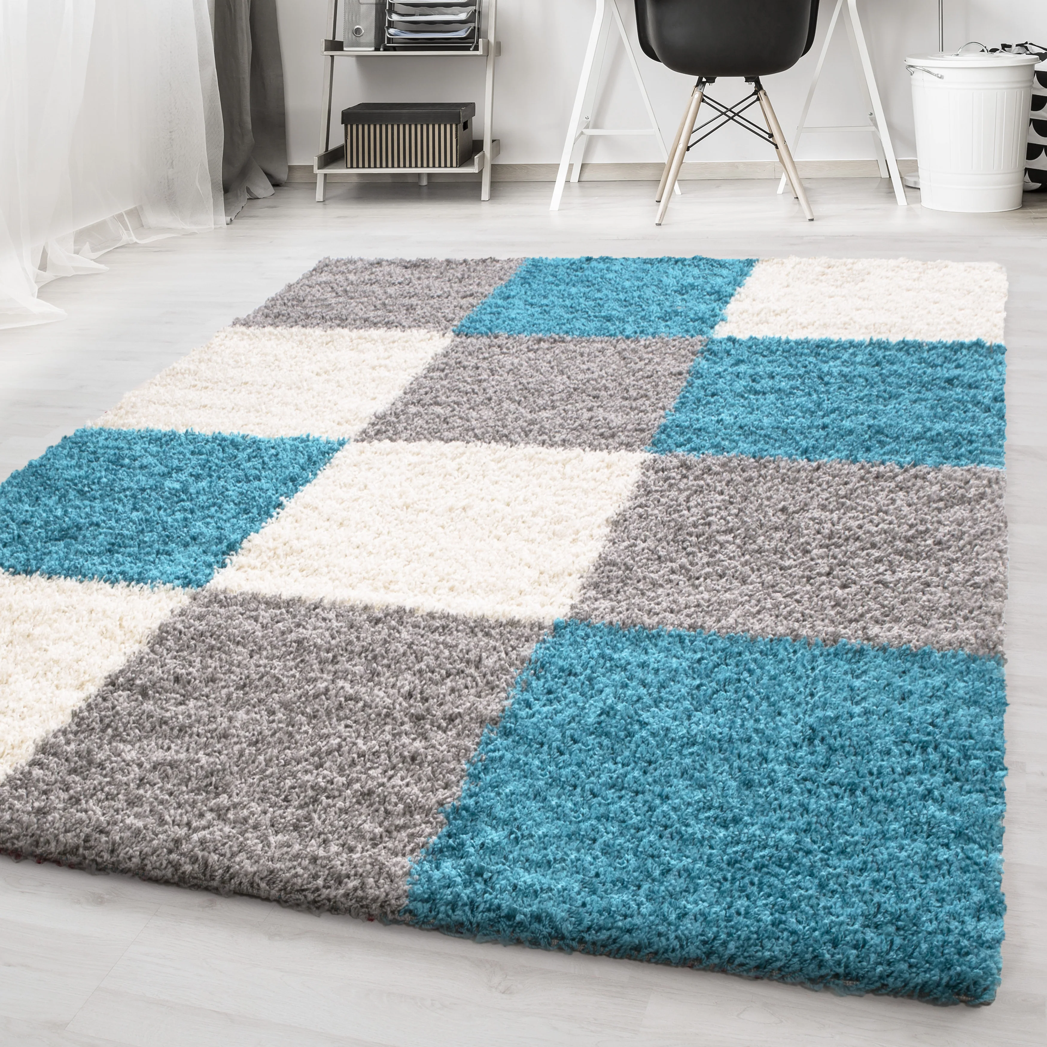 Hochflorteppiche, Kariert Design, Farbe Türkis, Teppich für Wohnzimmer, Rücken aus Jute