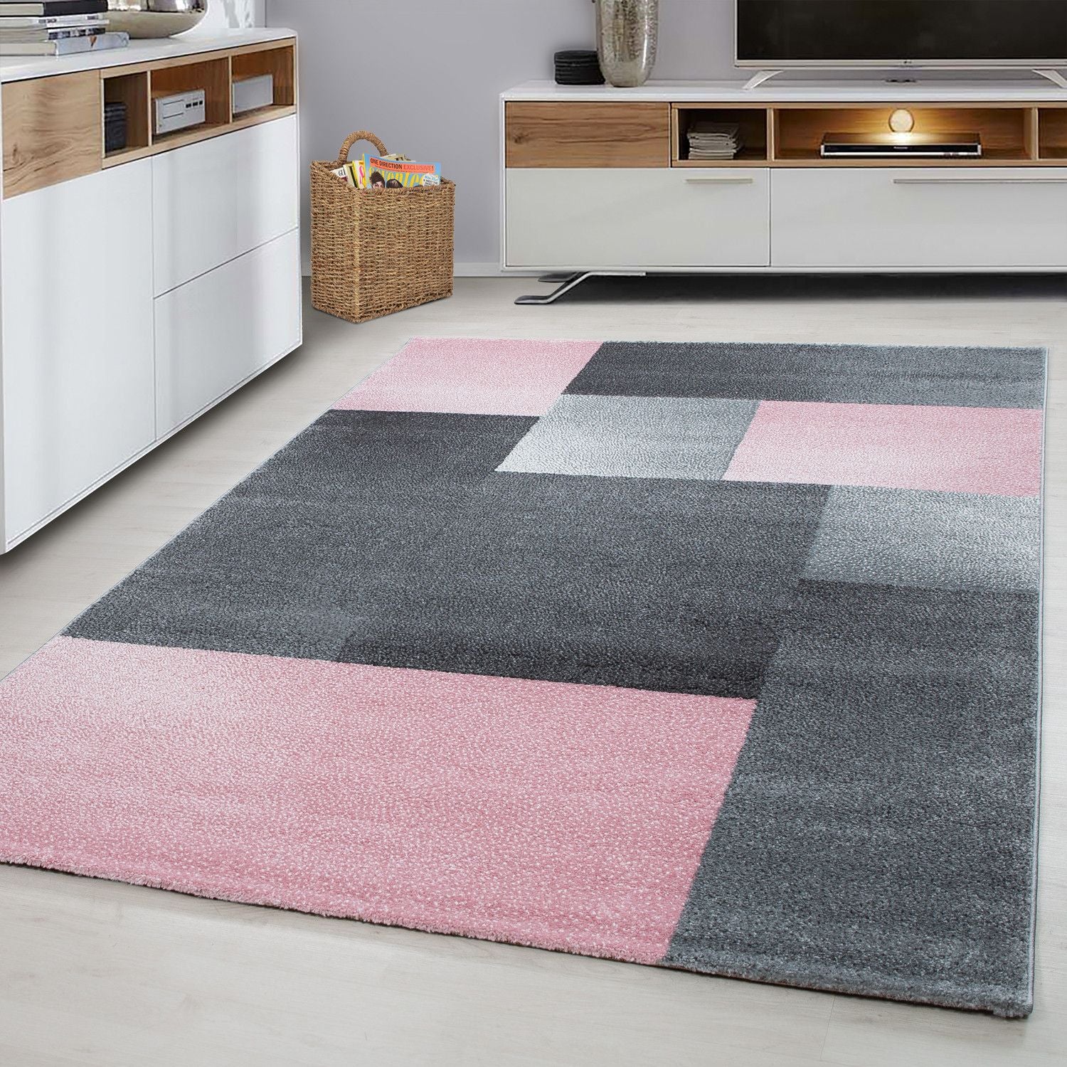 Lucca Karierter Kurzflorteppich in Pink und Grau