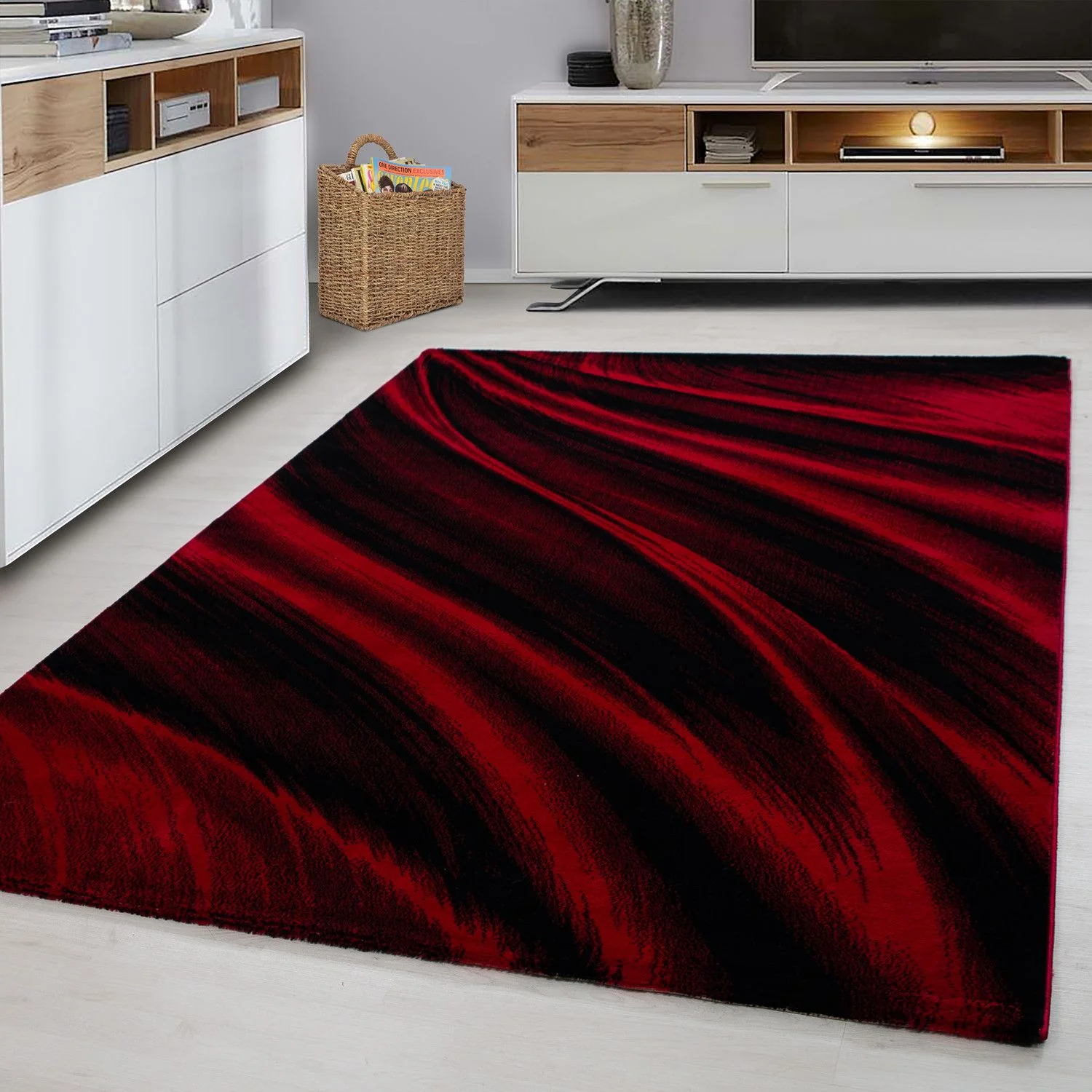Kurzflorteppiche, Abstrakt Wellen Design, Farbe Rot, Teppich für Wohnzimmer, Rücken aus Jute