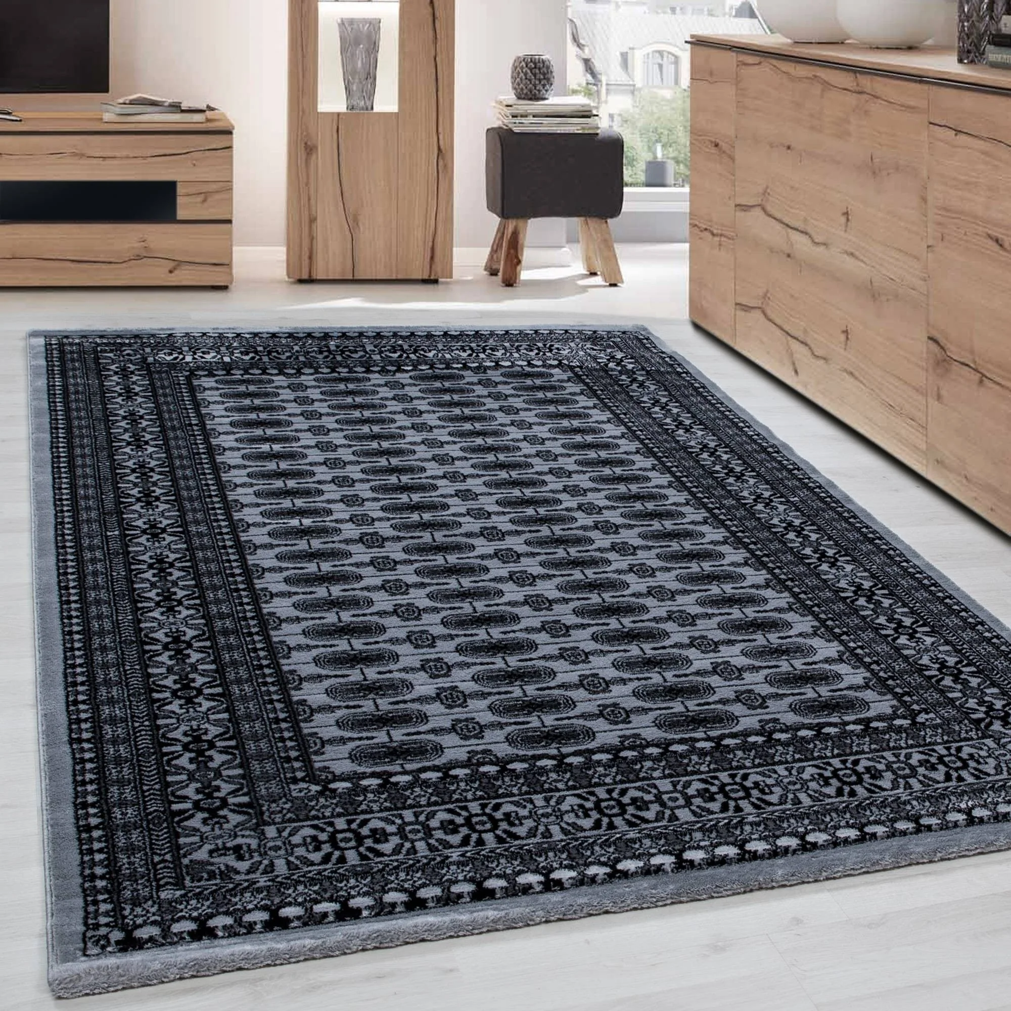 Orientalischer Webteppich Klassisch | Schwarz-Grau Design