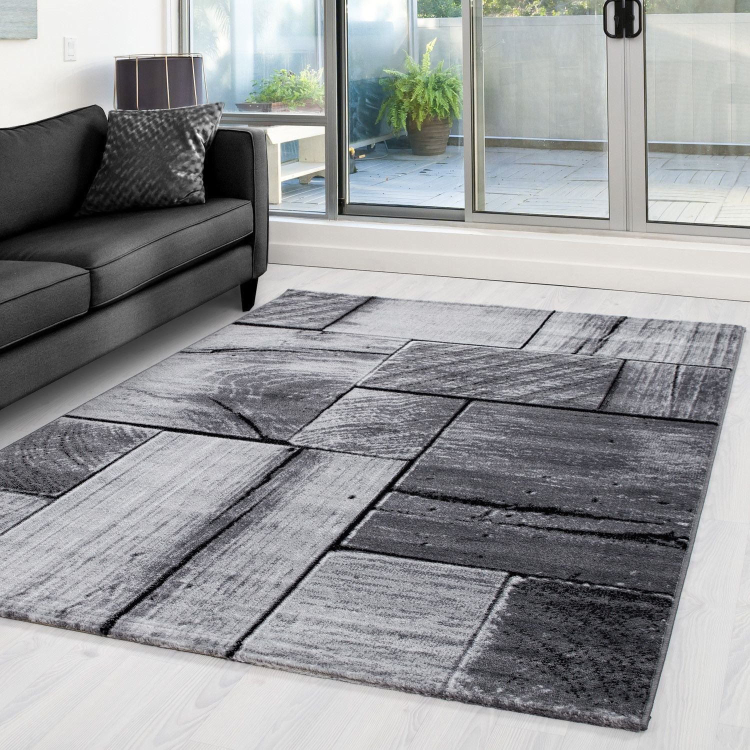 Kurzflorteppiche, 3D-Holzdesign, Farbe Schwarz, Teppich für Wohnzimmer, Rücken aus Jute