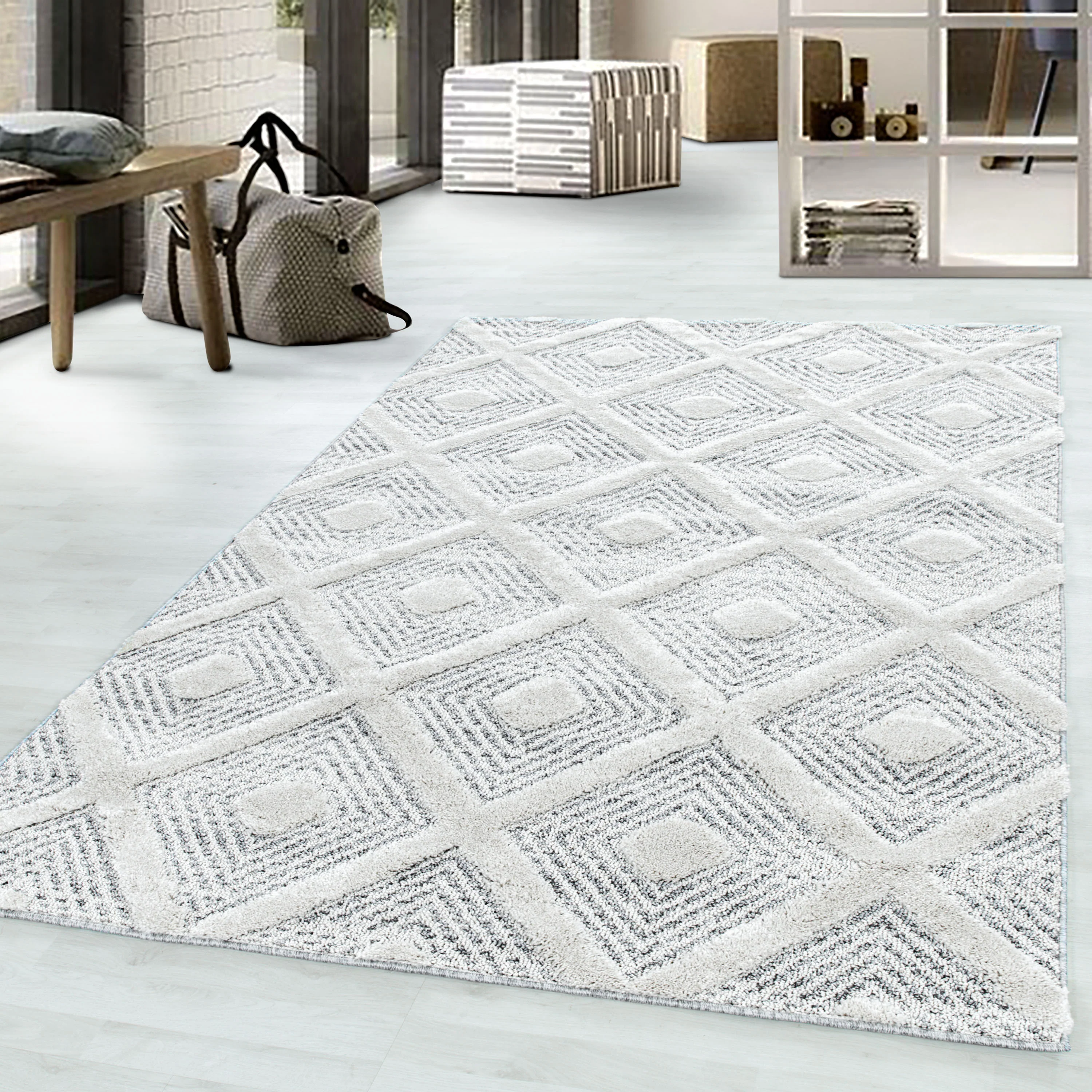 Pisa Hochflorteppiche Weiß-Grau – Geometrisch
