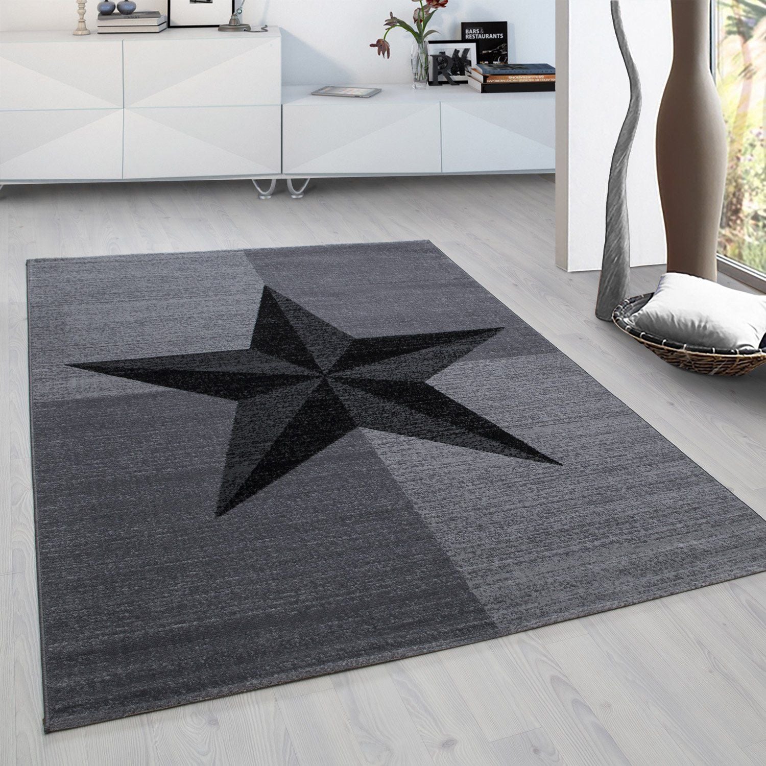 Kurzflorteppiche, Sterne-Design, Farbe Grau, Teppich für Wohnzimmer, Rücken aus Jute