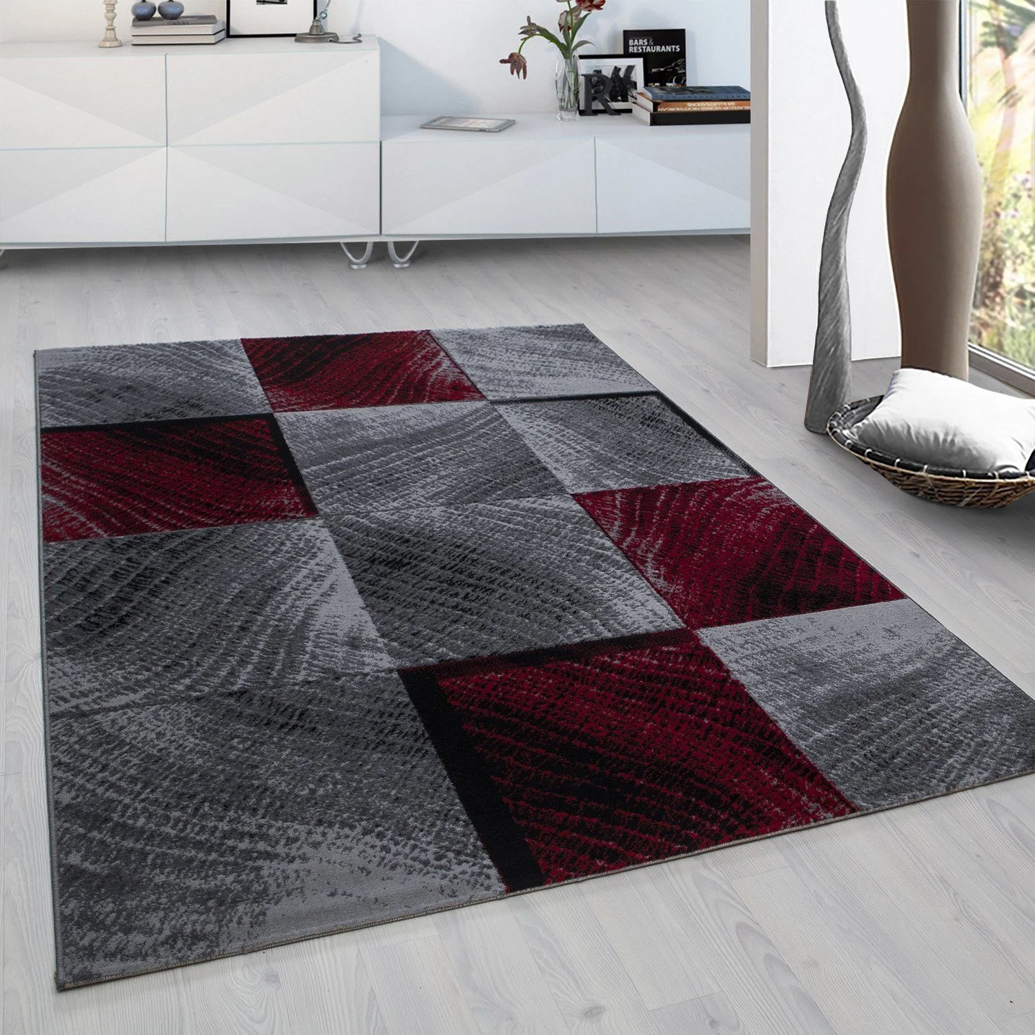 Plus Kurzflorteppich Rot-Grau – Geometrisch Kariert
