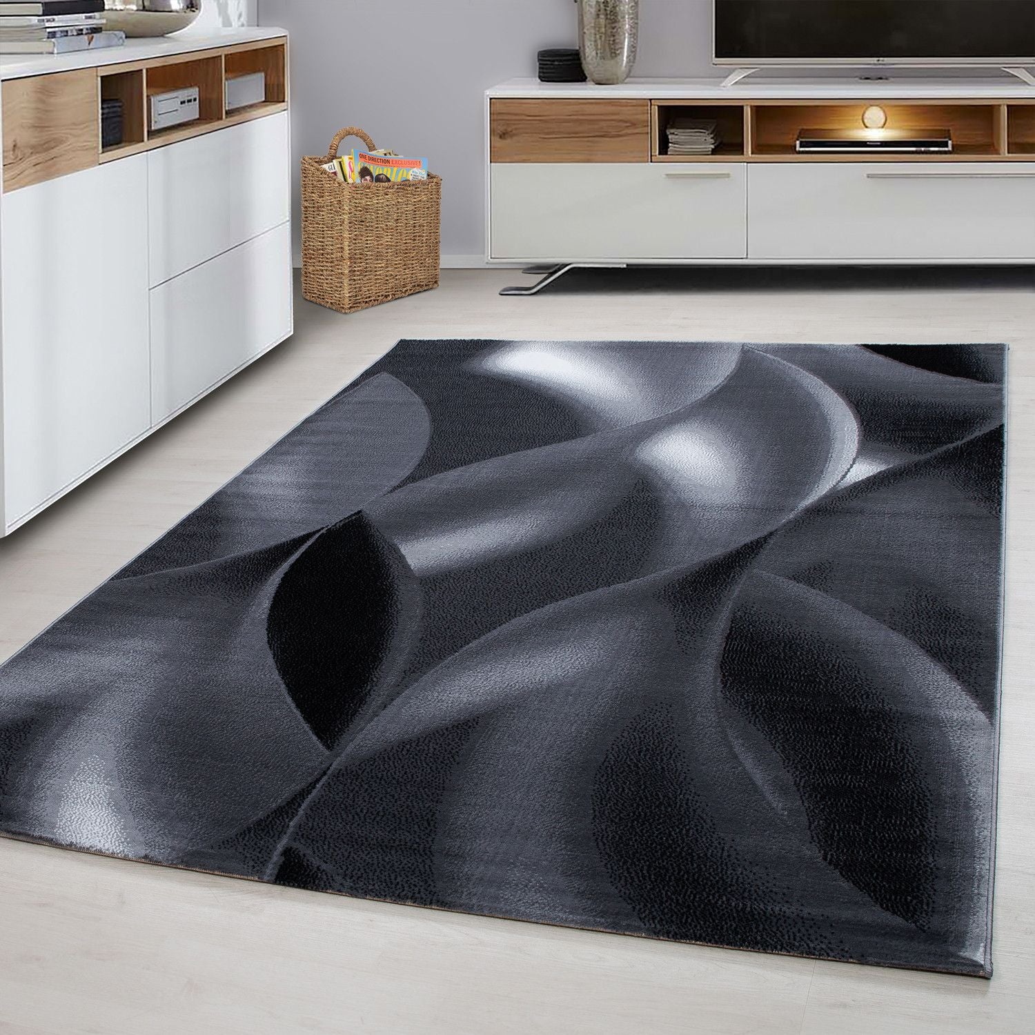 Plus Abstrakter Kurzflorteppich in Schwarz mit Wellen