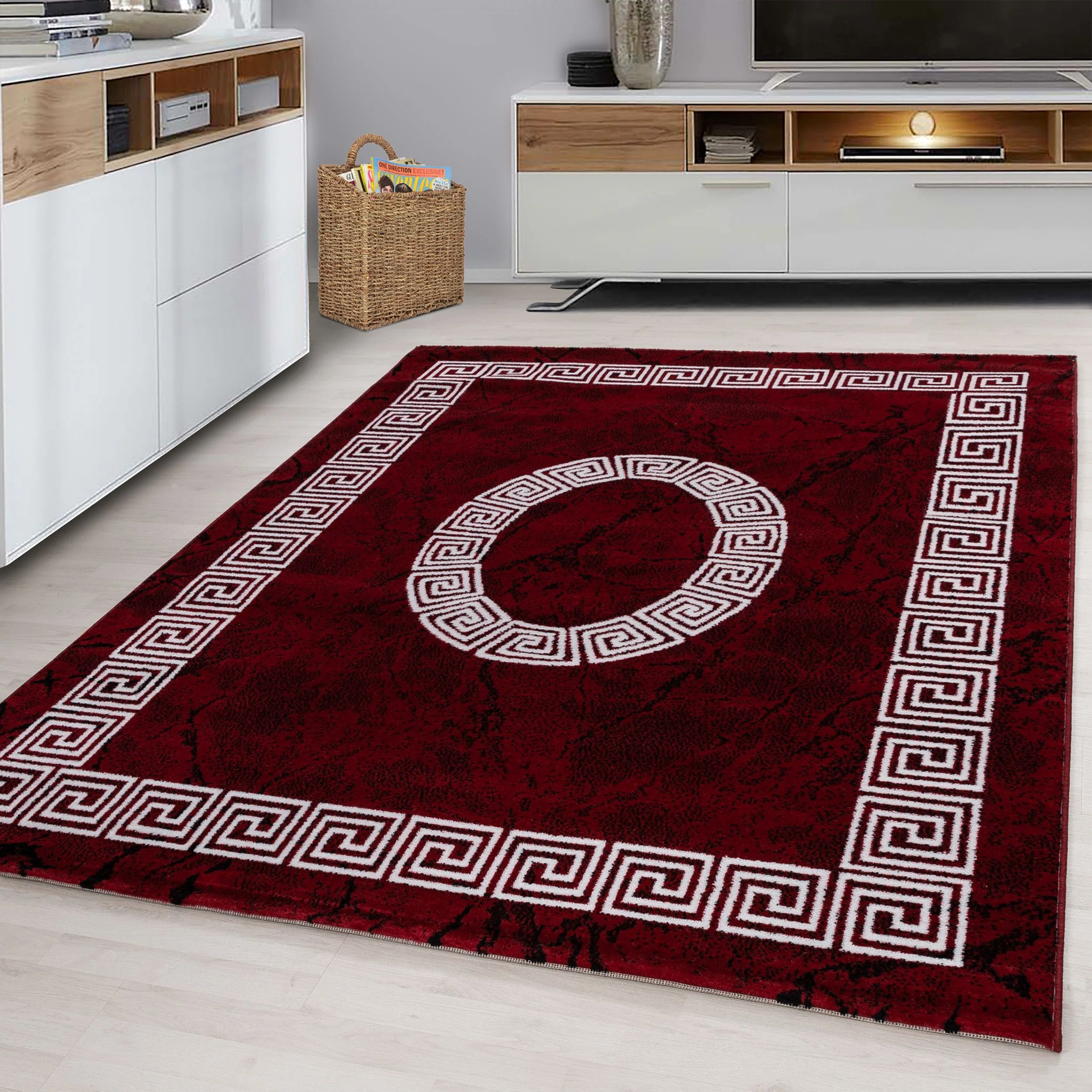 Plus Kurzflorteppich Rot – Mäander mit Mittelmotiv