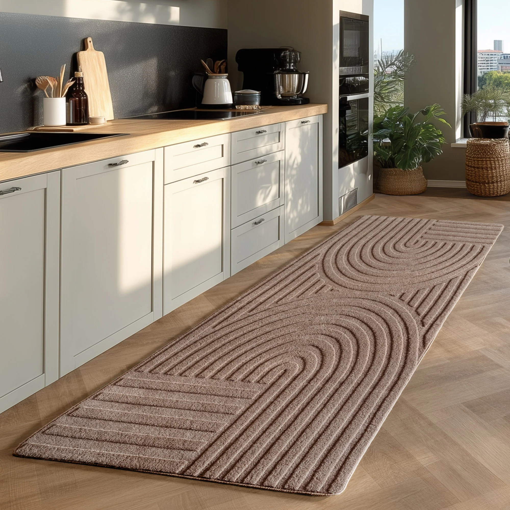 Skandinavischer Boho Teppich Einfarbig Beige 8x15 cm, Deko Teppich, Weich & Pflegeleicht, Waschbar, 3D-Effekt, Teppich für Wohnzimmer und Schlafzimmer, Läufer Teppich