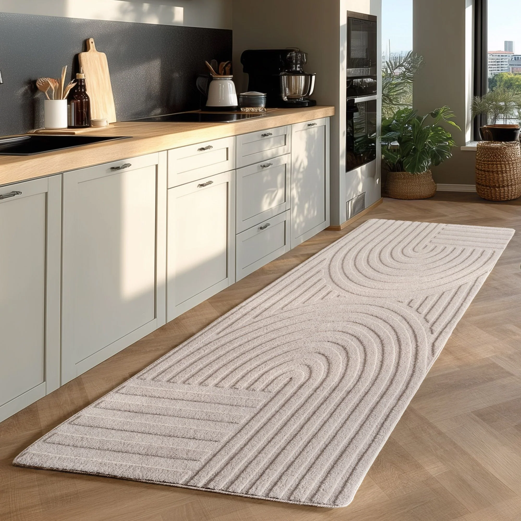 Skandinavischer Boho Teppich Einfarbig Creme 8x15 cm, Deko Teppich, Weich & Pflegeleicht, Waschbar, 3D-Effekt, Teppich für Wohnzimmer und Schlafzimmer, Läufer Teppich