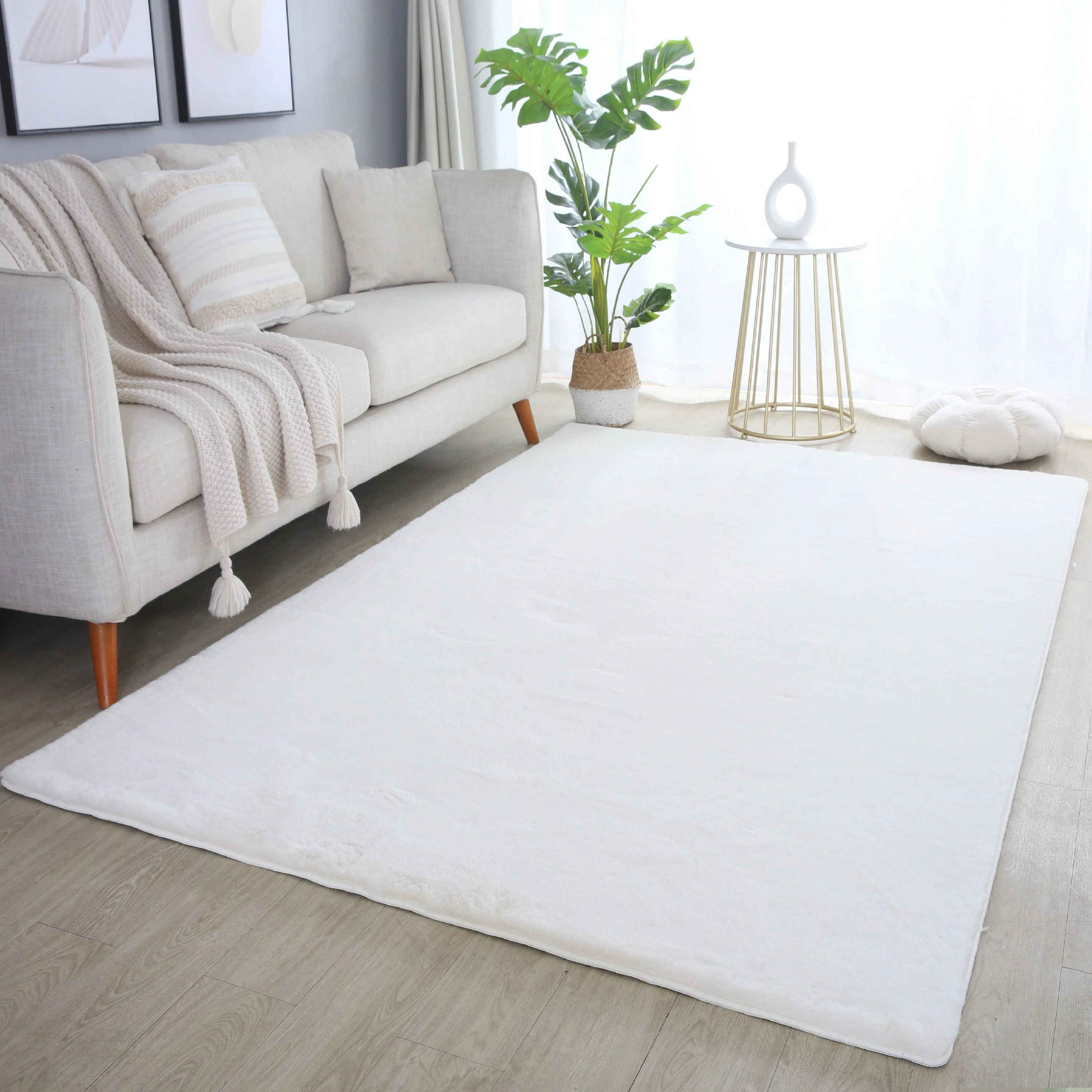 Unicolor Hochflor Teppich: Creme & Baumwolle