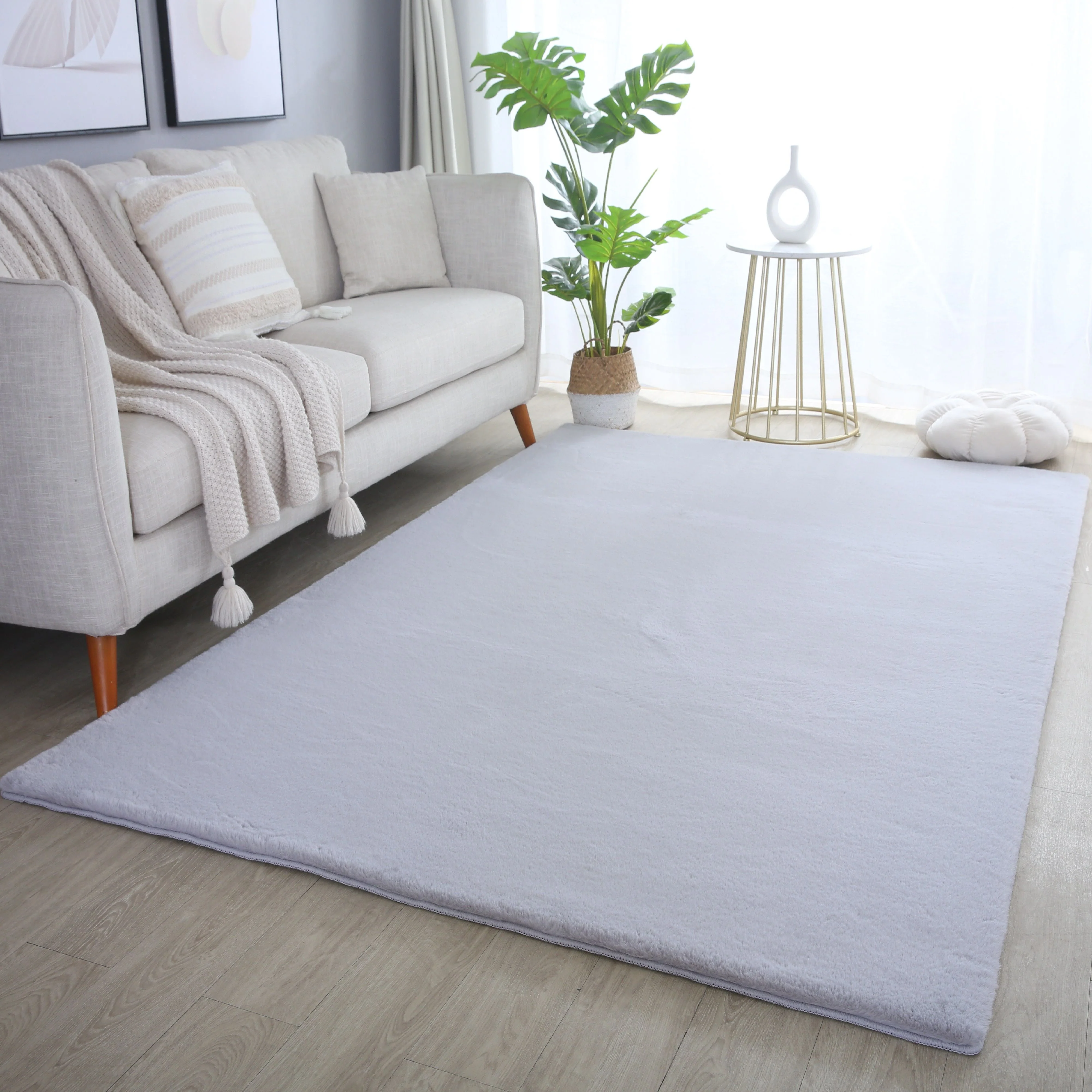 Unicolor Hochflor Teppich: Silber & Baumwolle