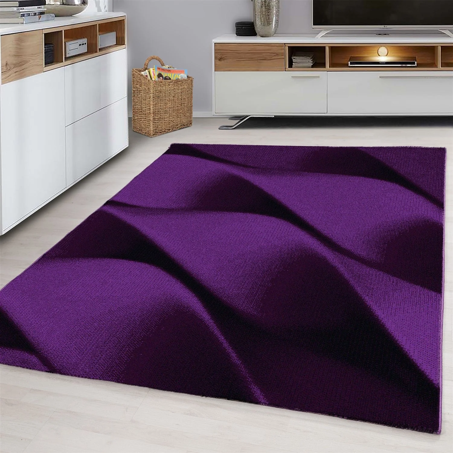 Teppich Modern Designer Wohnzimmer Geometrisch Wellen Muster Schwarz Lila - Image 2
