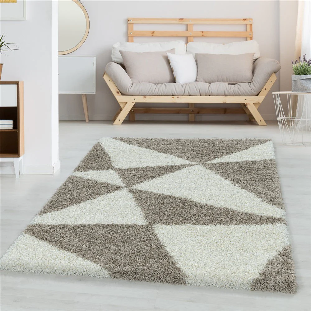 Wohnzimmerteppich Design Hochflor Teppich Muster Abstrakte Dreiecke Beige