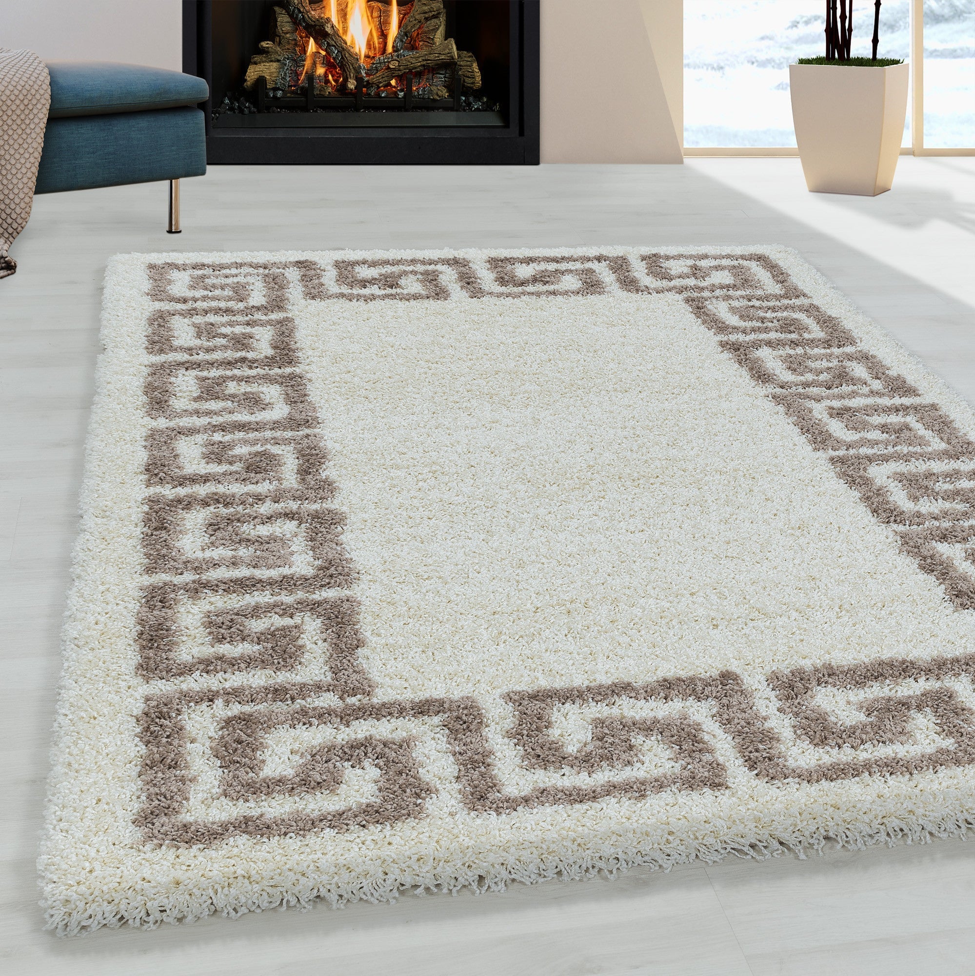 Hochflor Wohnzimmerteppich Beige | Antikes Muster