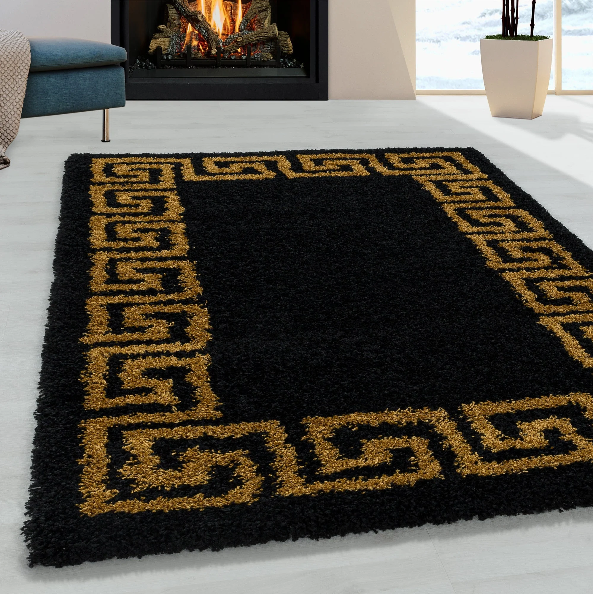 Hochflor Teppich Schwarz | Goldenes Muster