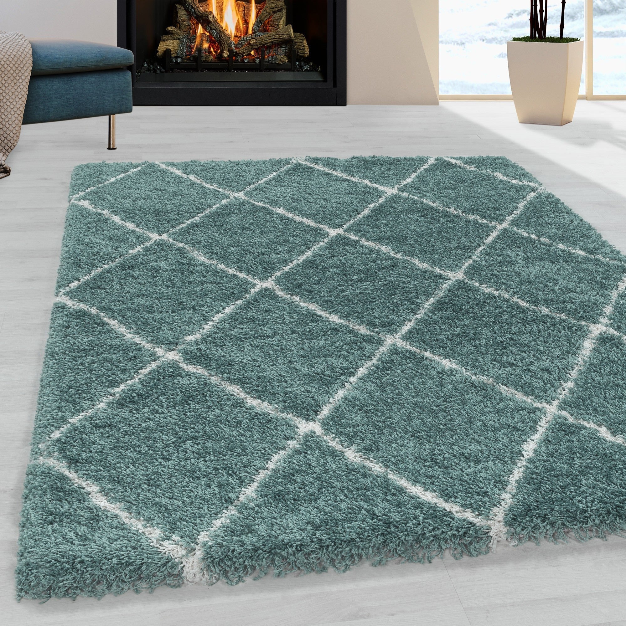 Hochflor Teppich Blau | Weiches Rautenmuster