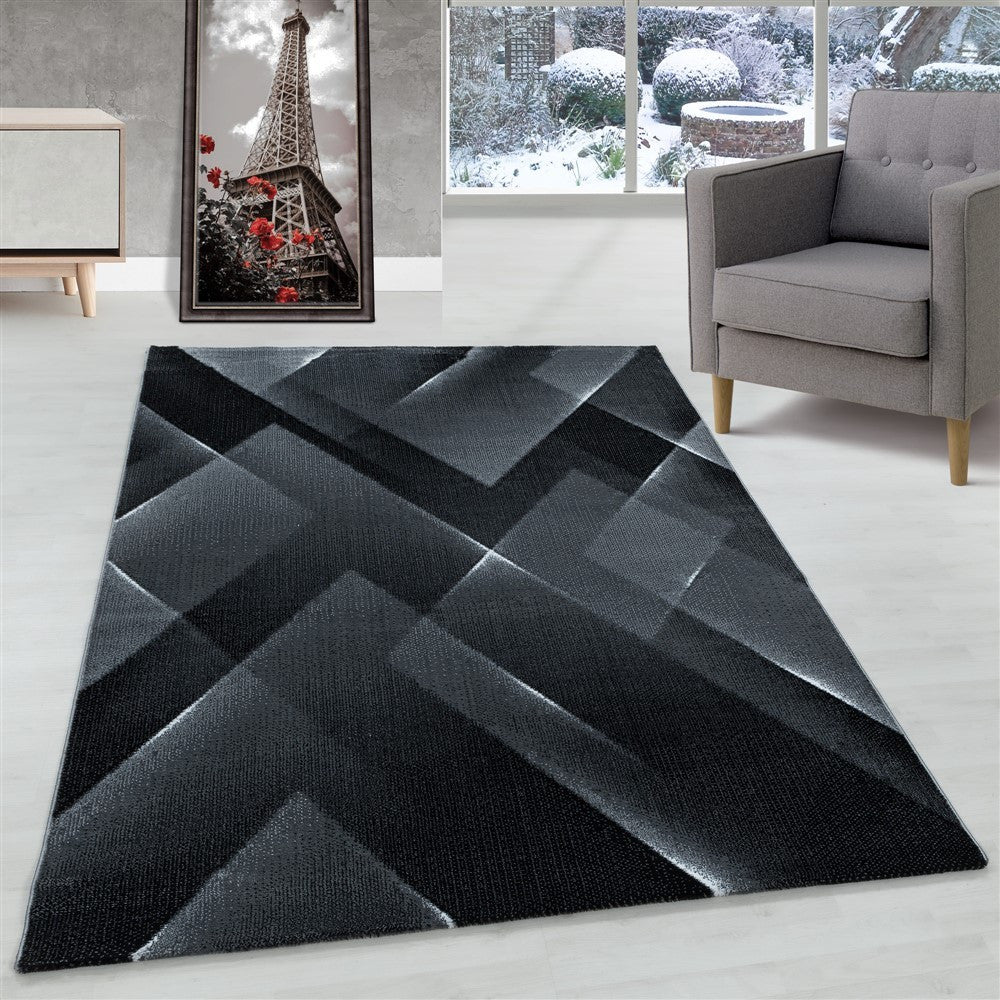Kurzflor Teppich Schwarz | 3D Dreiecksmuster