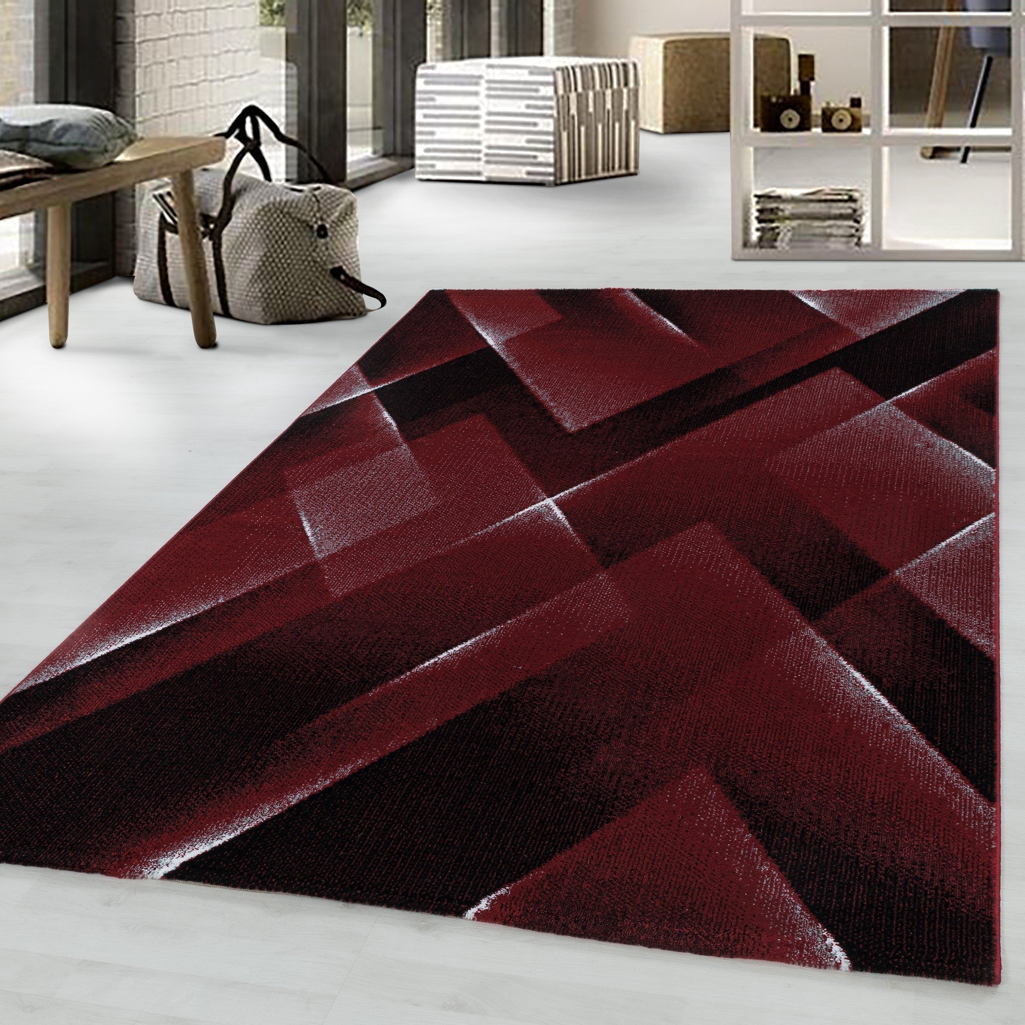 Kurzflor Teppich Rot | 3D Dreiecksmuster