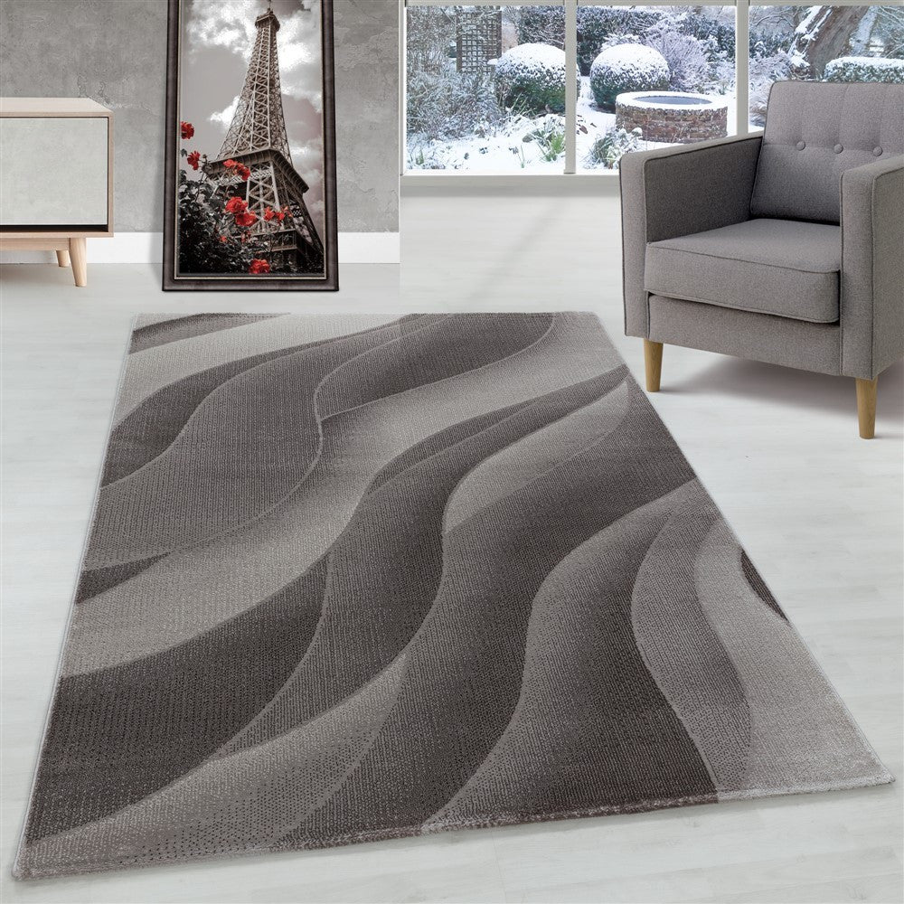 Kurzflor Teppich Braun | 3D Wellenmuster