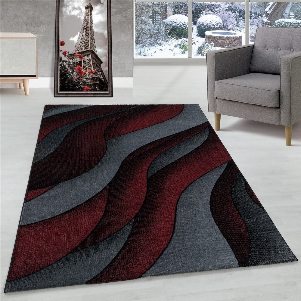 Kurzflor Teppich Rot-Grau | 3D Wellenmuster