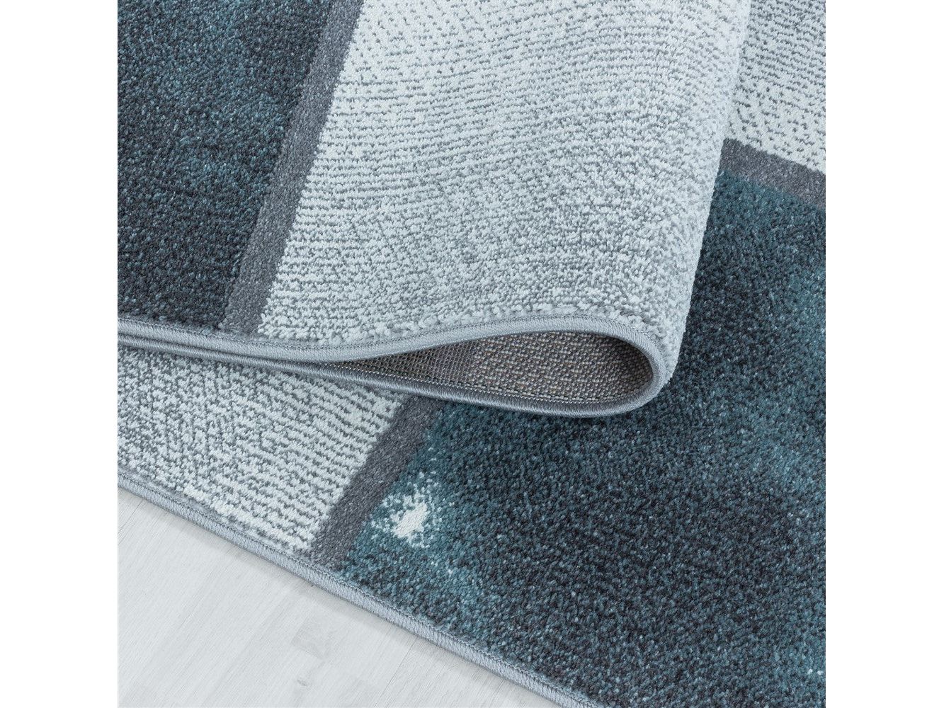 Wohnzimmerteppich Kurzflor Teppich Blau Grau Quadrat Muster Marmoriert Weich - Image 5