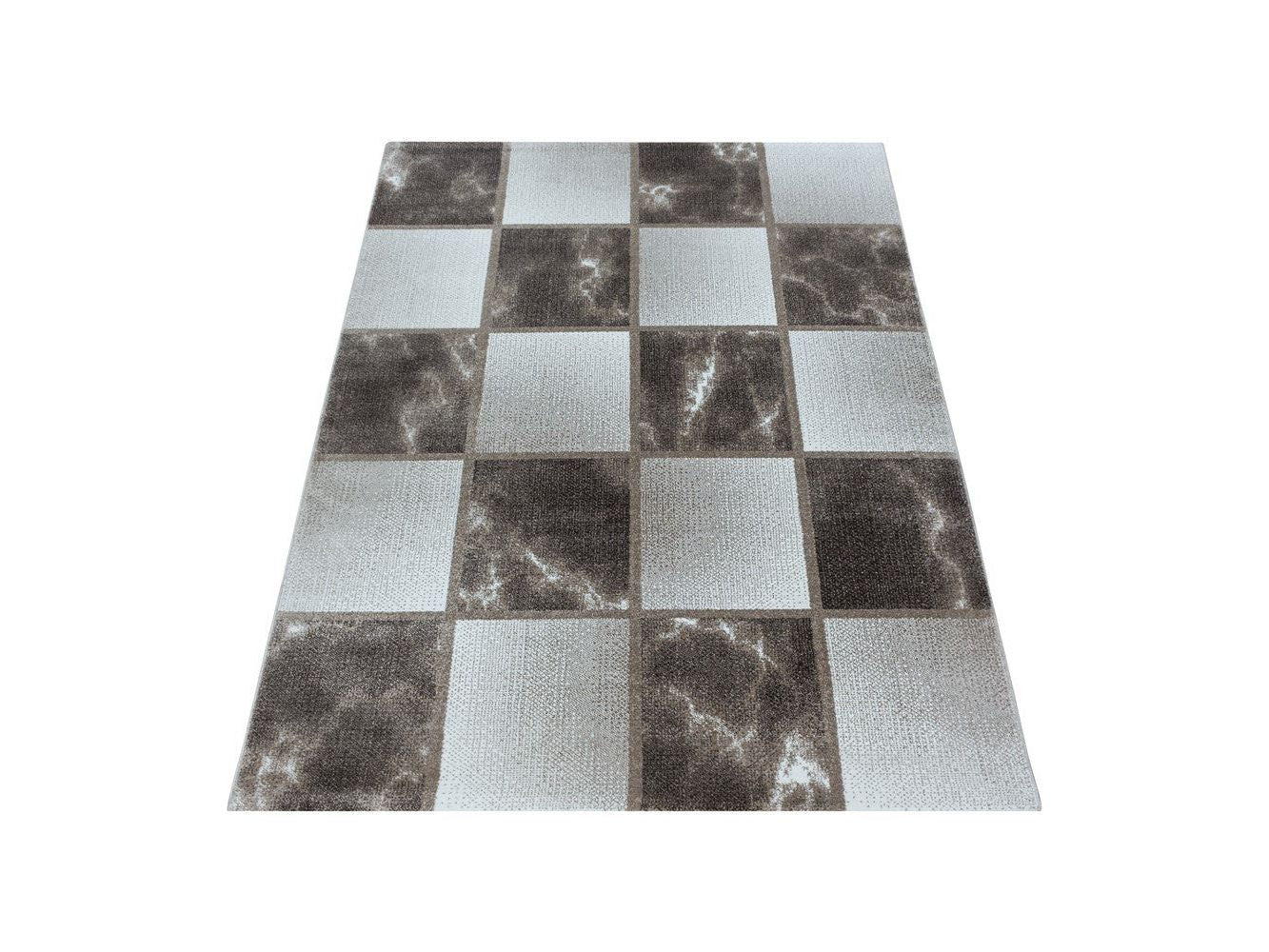 Wohnzimmerteppich Kurzflor Teppich Braun Grau Quadrat Muster Marmoriert Weich - Image 3
