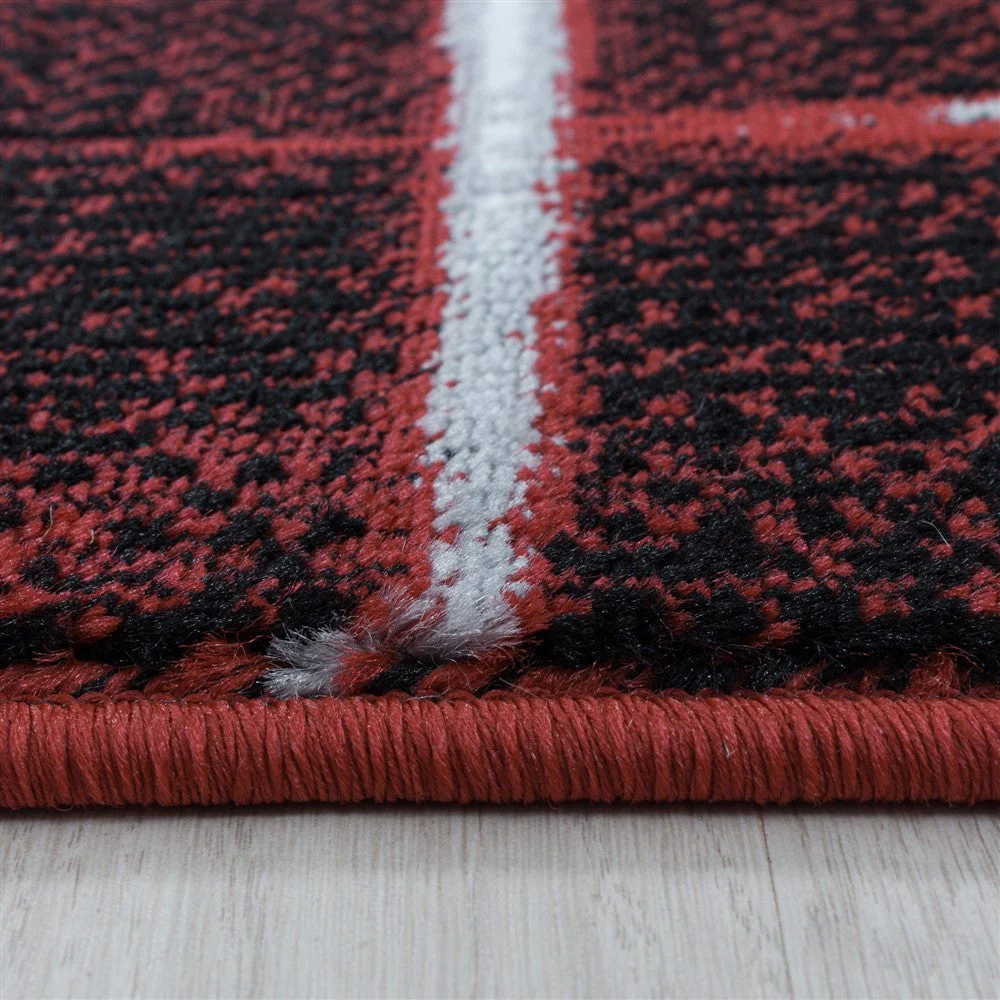 Wohnzimmerteppich Kurzflor Teppich Design Gitter Muster Soft Flor Rot - Image 4