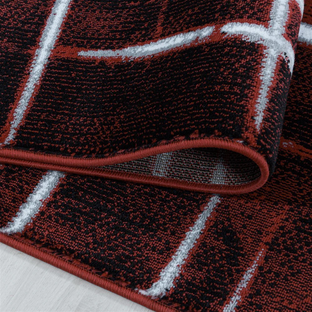 Wohnzimmerteppich Kurzflor Teppich Design Gitter Muster Soft Flor Rot - Image 5