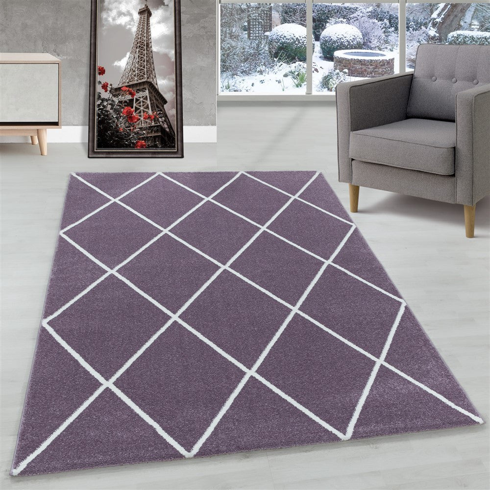 Kurzflor Teppich Lila | Rauten-Linienmuster