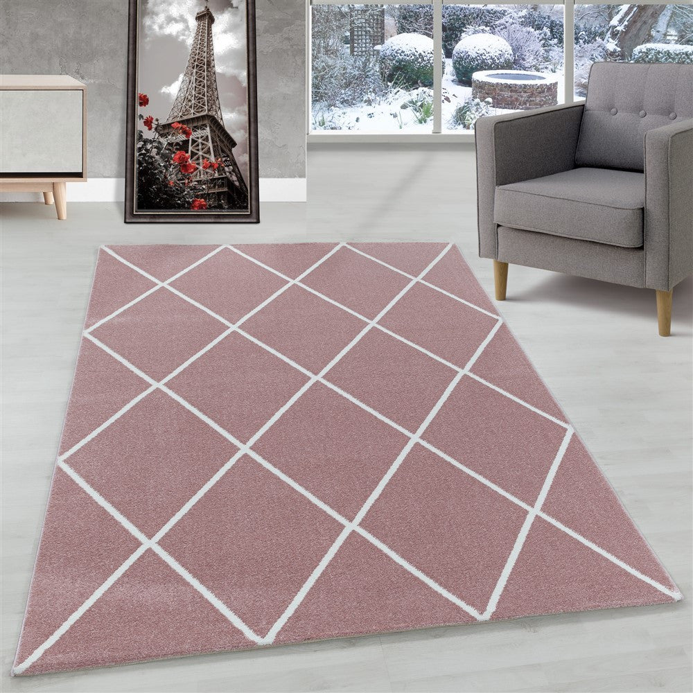 Kurzflor Teppich Rosa | Rauten-Linienmuster