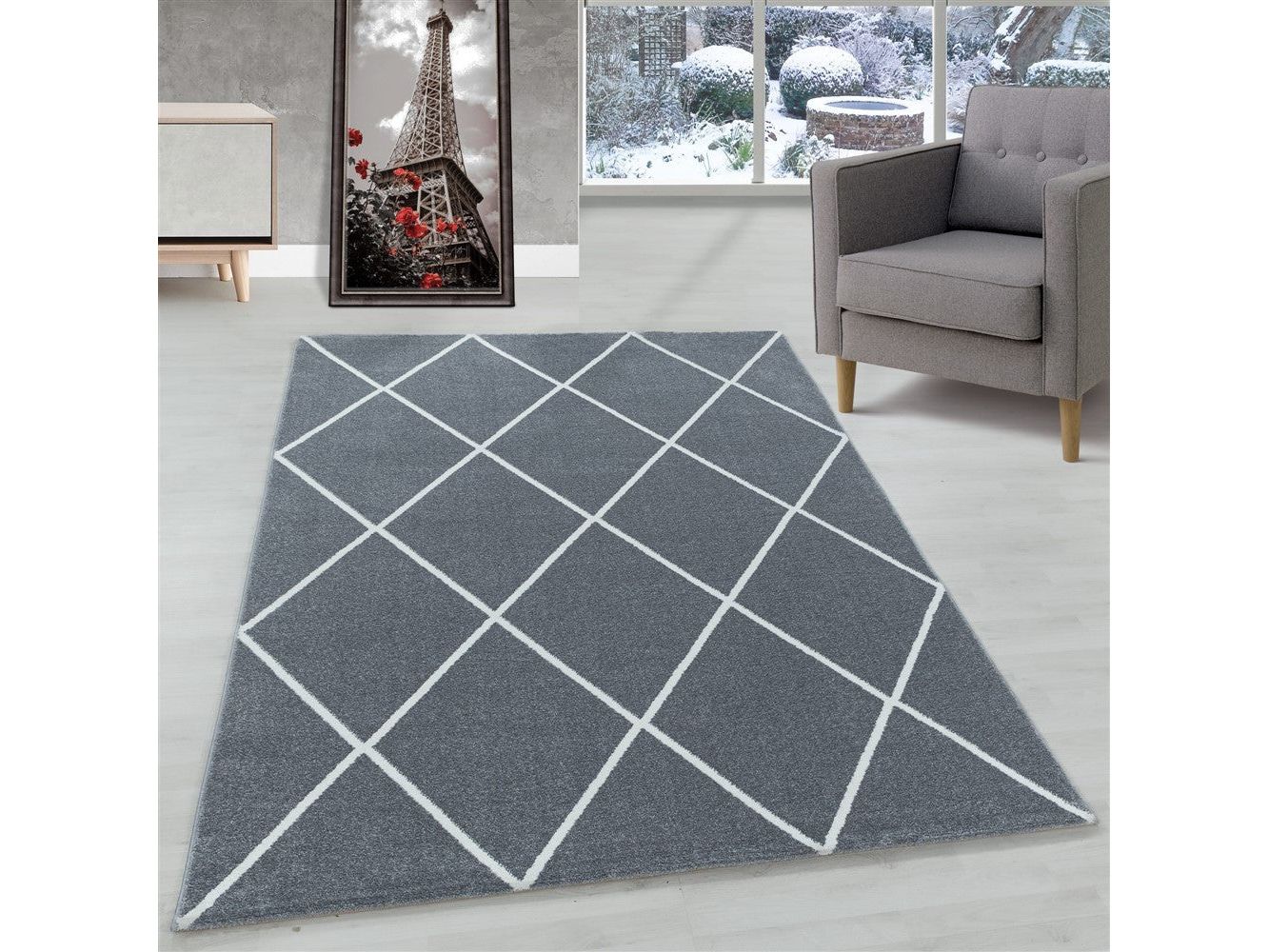 Kurzflor Teppich Silber | Modernes Rauten-Linienmuster