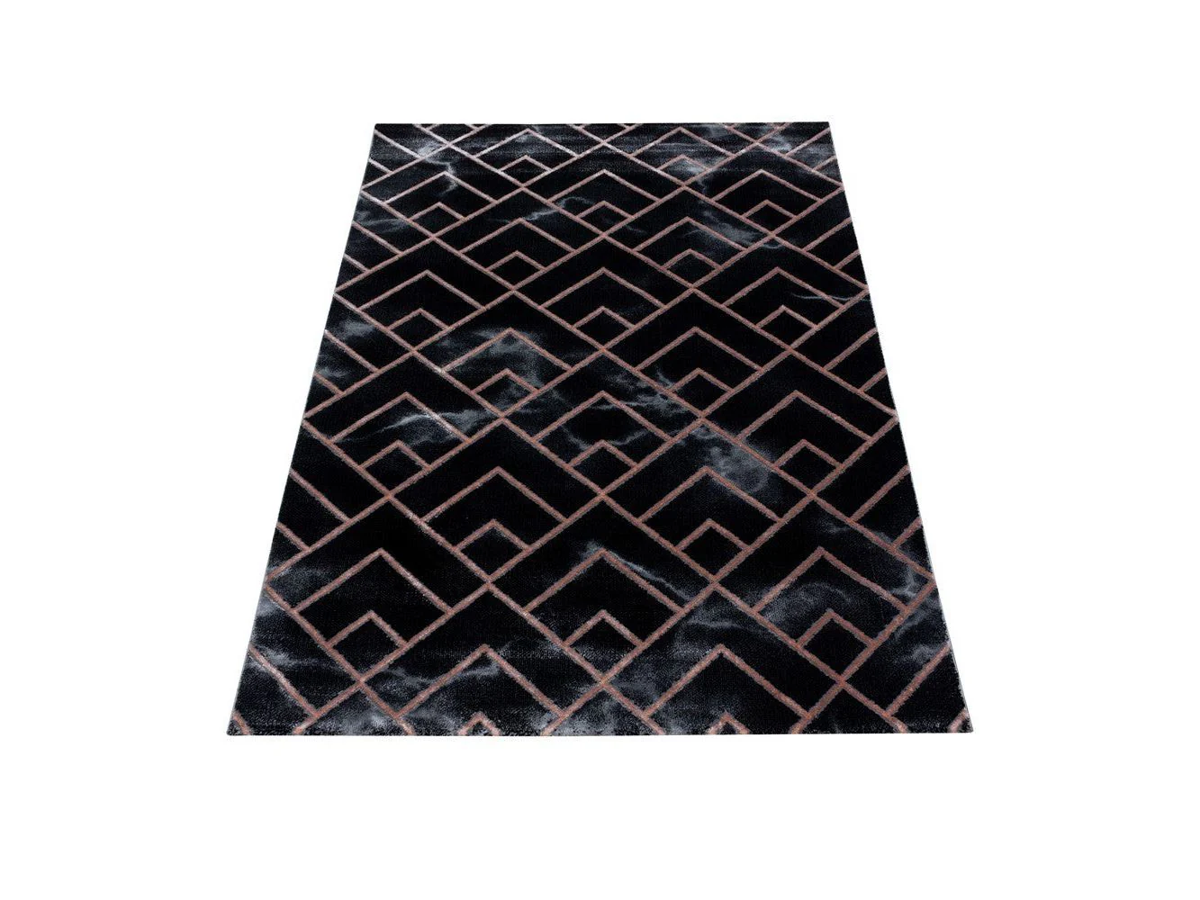 Wohnzimmerteppich Kurzflor Teppich Dunkel Marmoriert Linien Karo Bronze - Image 3