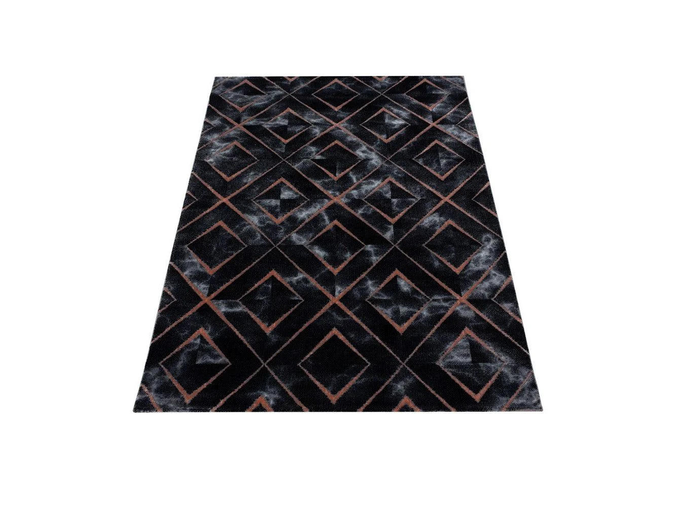 Wohnzimmerteppich Kurzflor Teppich Dunkel Marmoriert Rauten Karo Bronze - Image 2