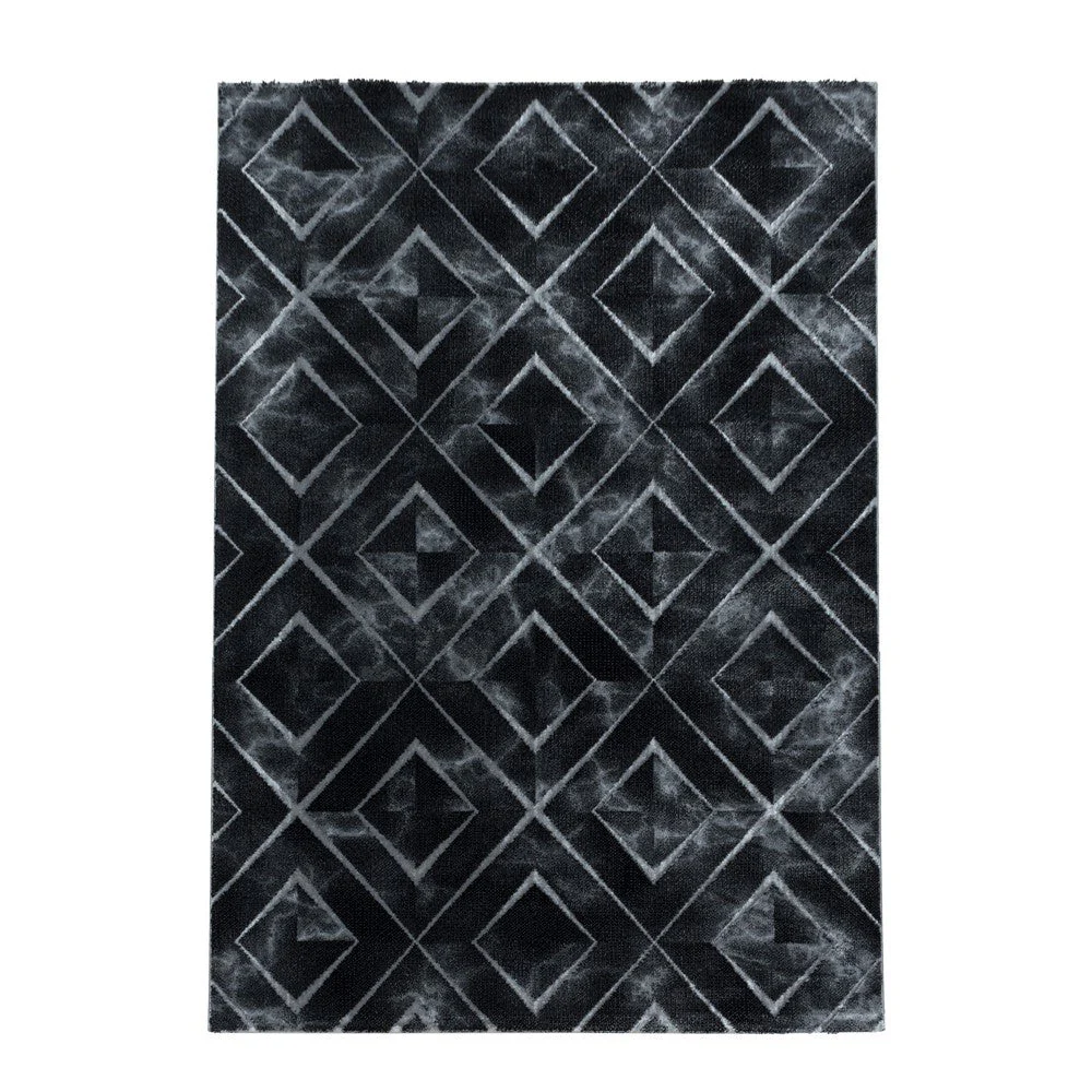 Wohnzimmerteppich Kurzflor Teppich Dunkel Marmoriert Rauten Karo Silber - Image 3