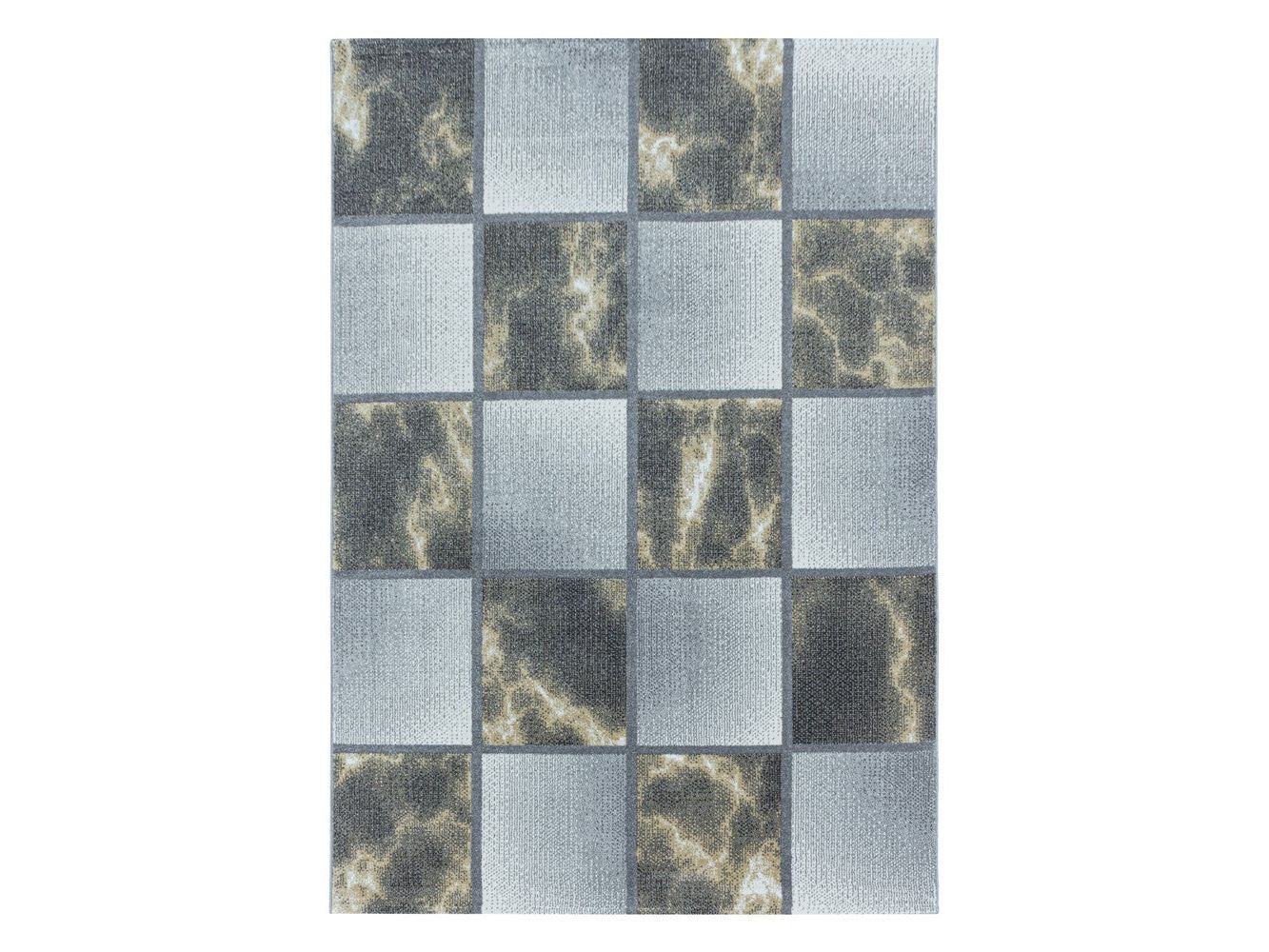Wohnzimmerteppich Kurzflor Teppich Gelb Grau Quadrat Muster Marmoriert Weich - Image 3