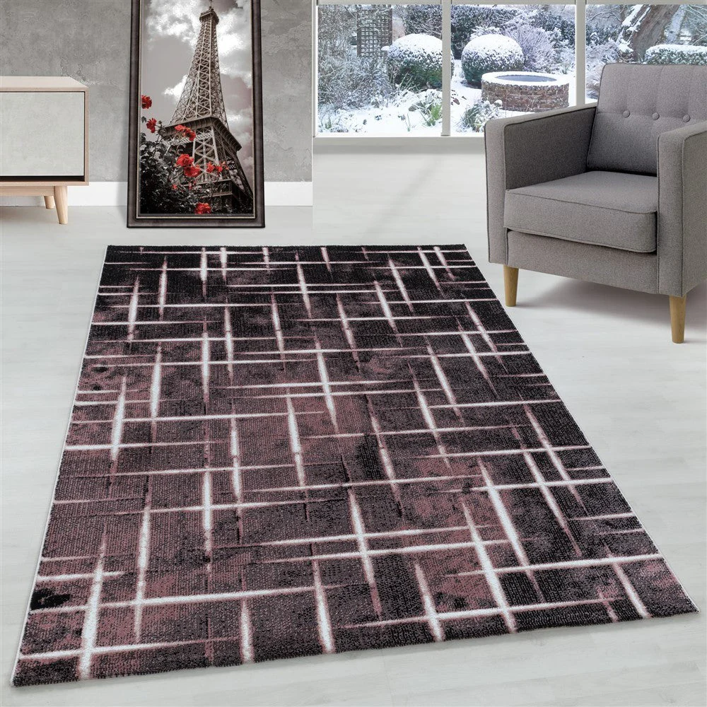 Wohnzimmerteppich Kurzflor Teppich Gitter Design Muster Soft Flor Pink