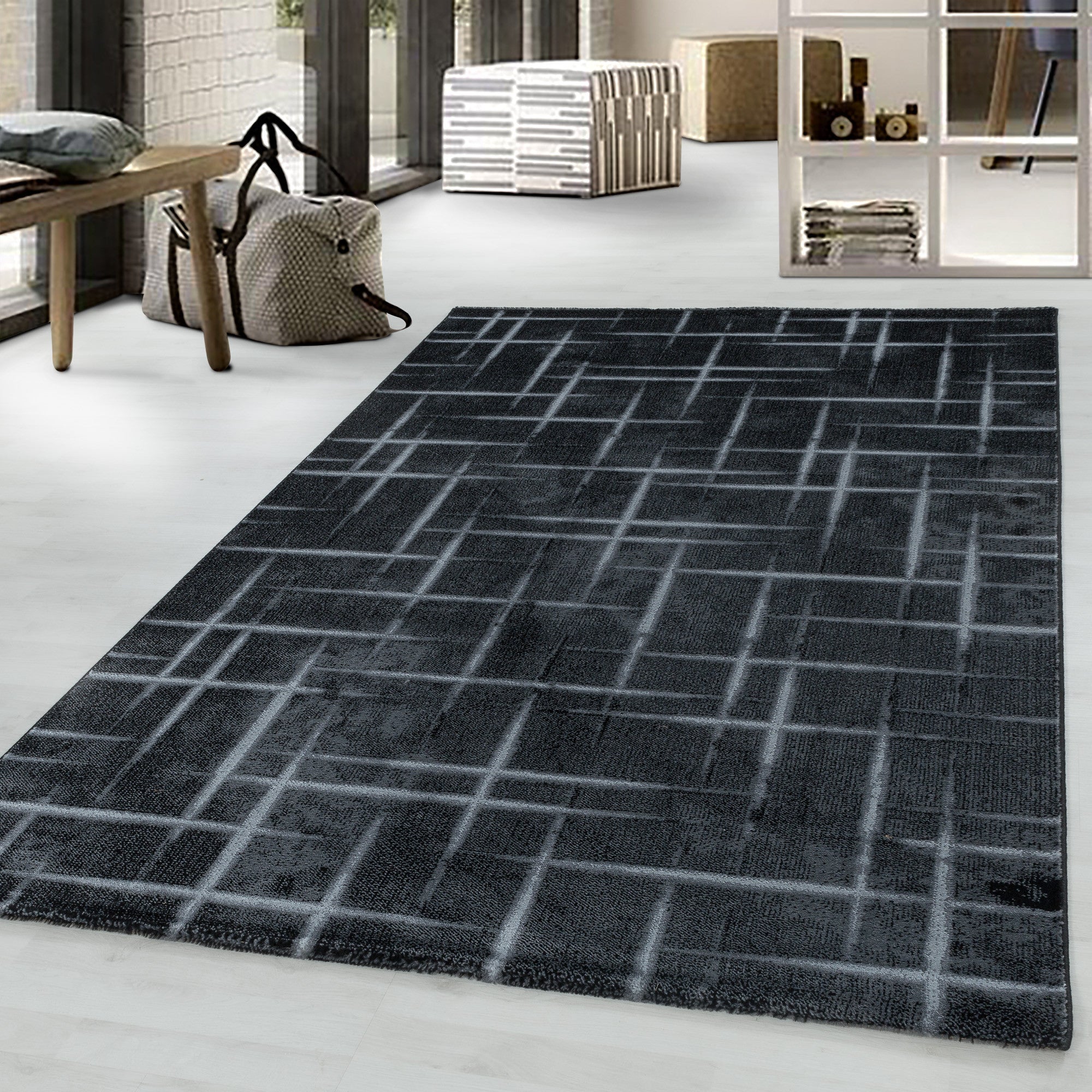 Wohnzimmerteppich Kurzflor Teppich Gitter Design Muster Soft Flor Schwarz
