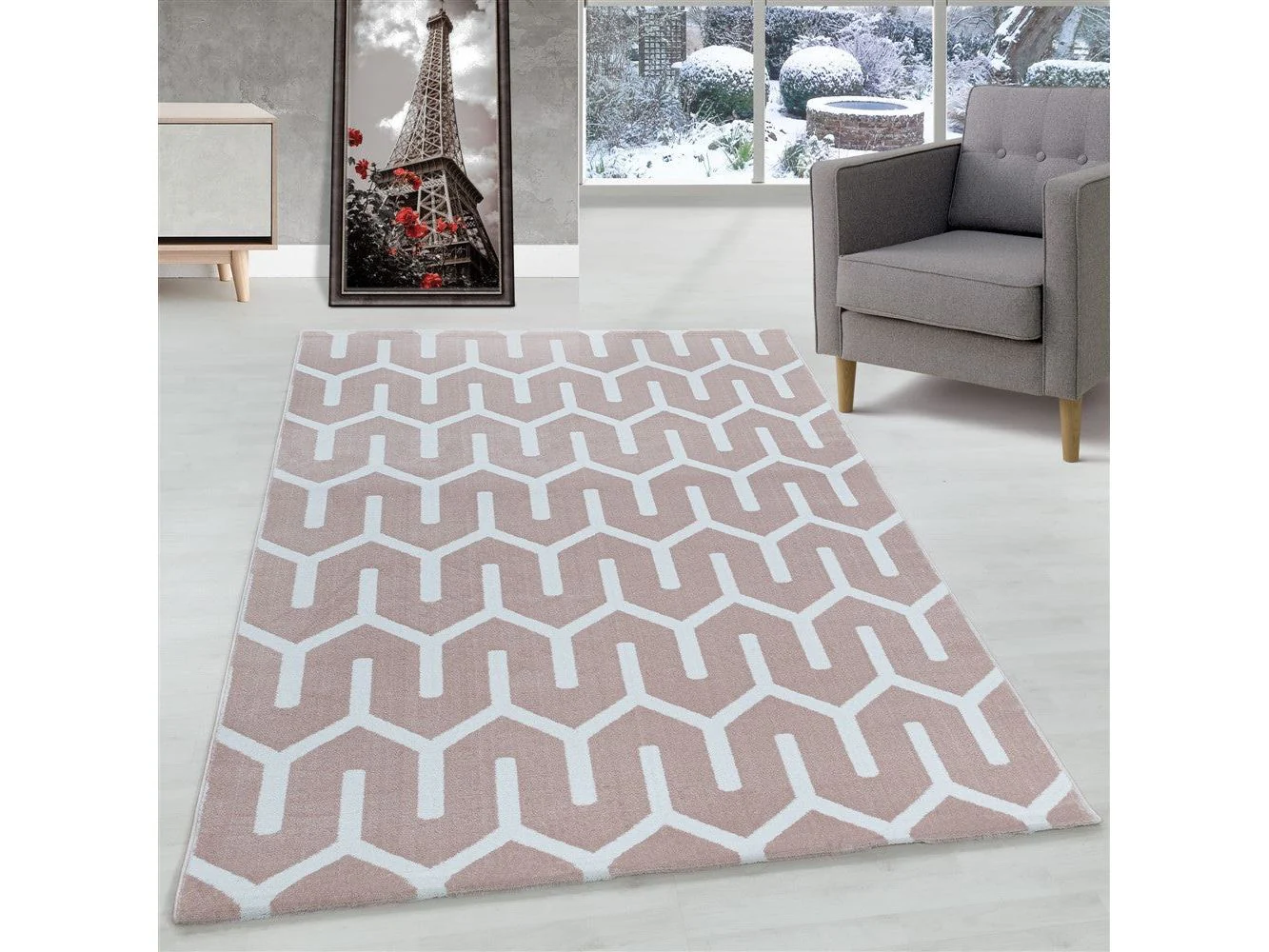 Wohnzimmerteppich Kurzflor Teppich Gitter Design Soft Flor Pink