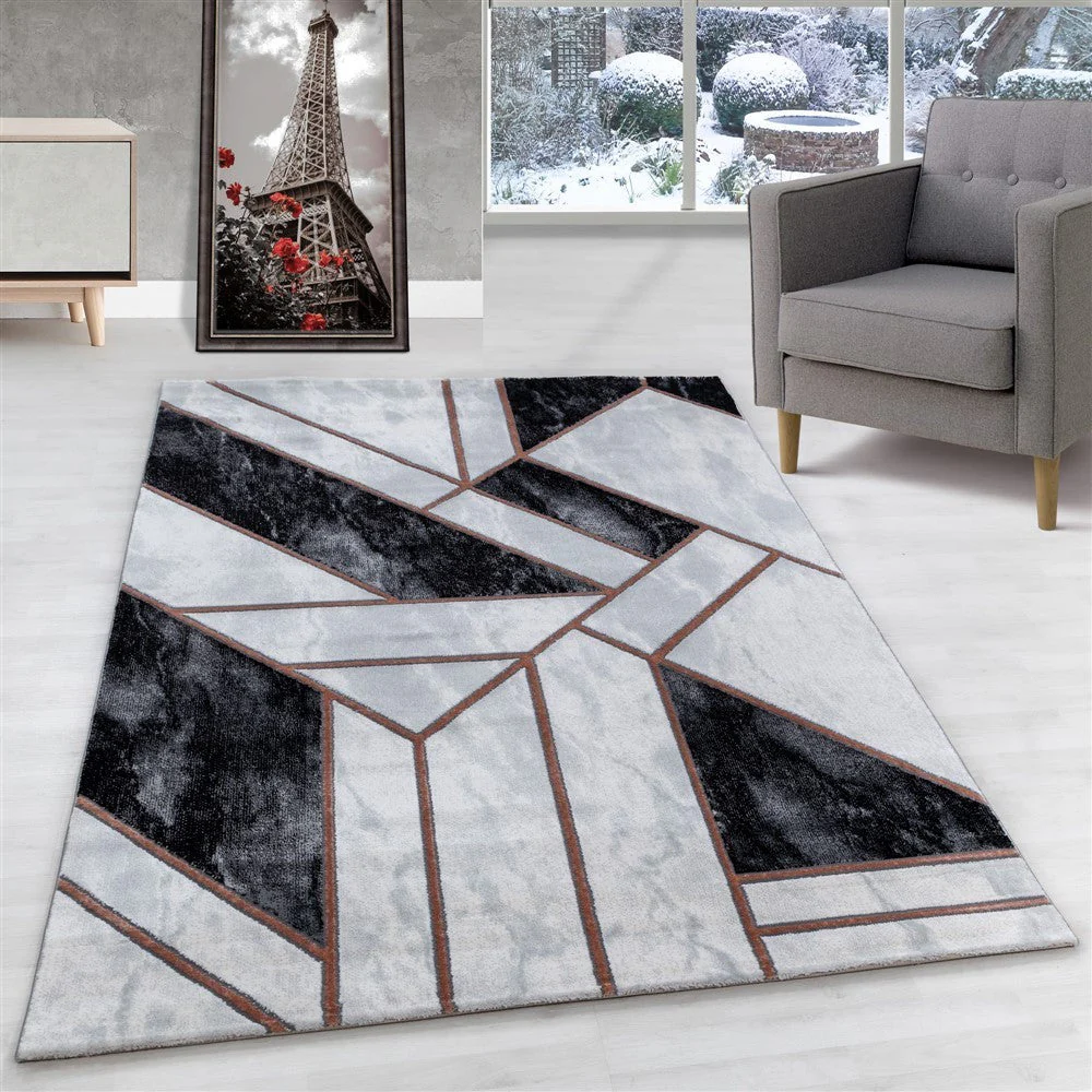 Wohnzimmerteppich Kurzflor Teppich Marmor Design Abstrakt Linien Bronze