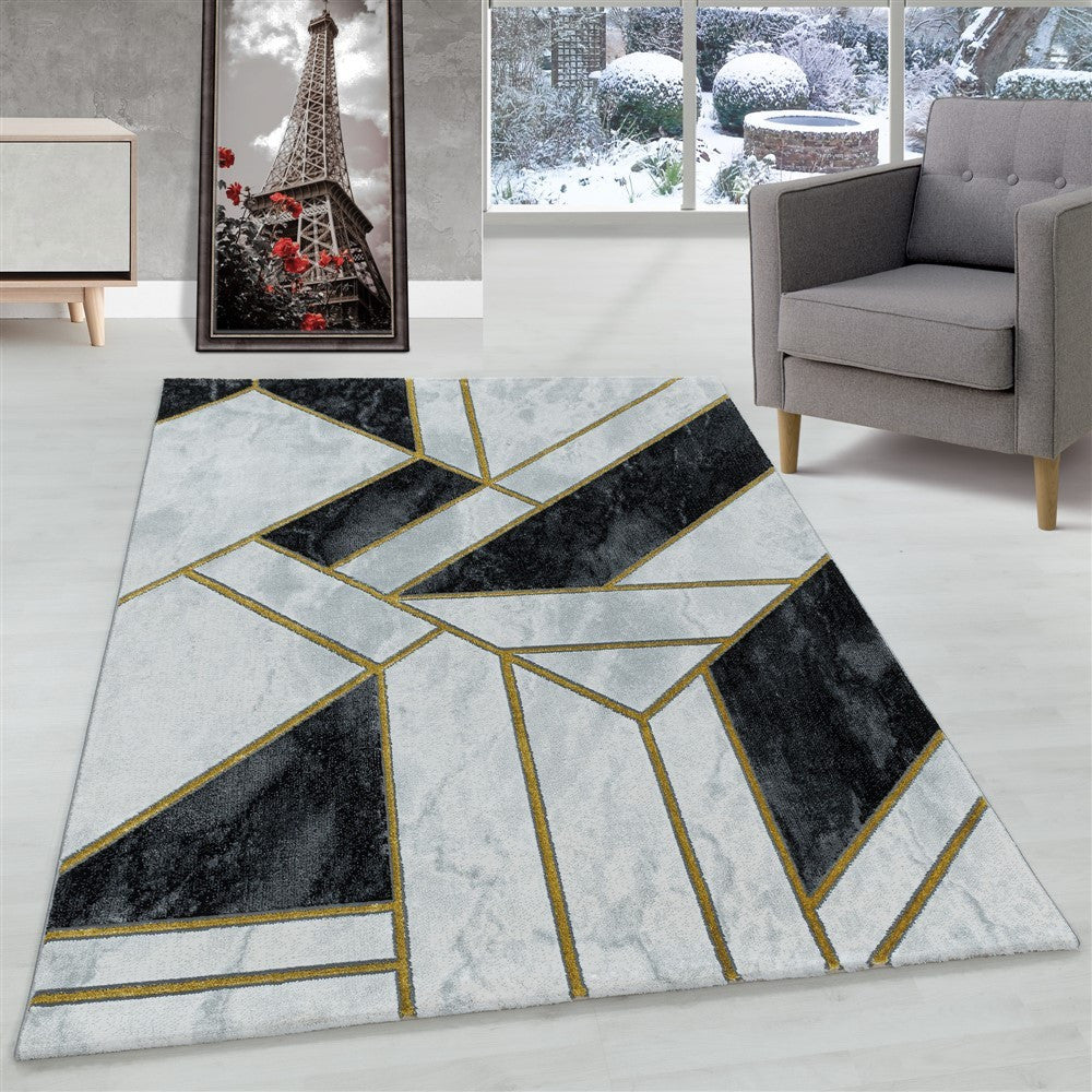Wohnzimmerteppich Kurzflor Teppich Marmor Design Abstrakt Linien Gold