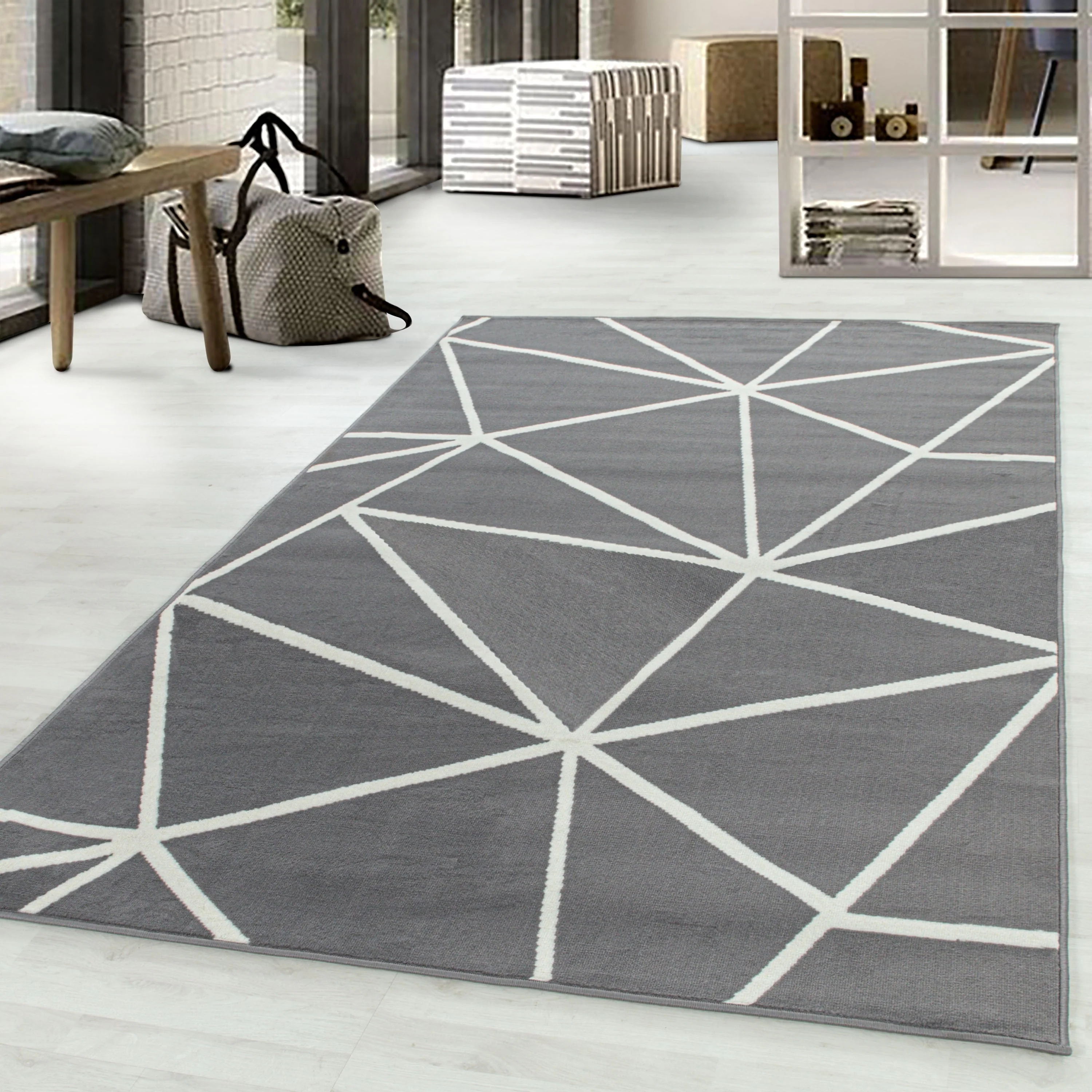Wohnzimmerteppich Kurzflor Teppich Modernes Dreieck Muster Flor Weich Grau