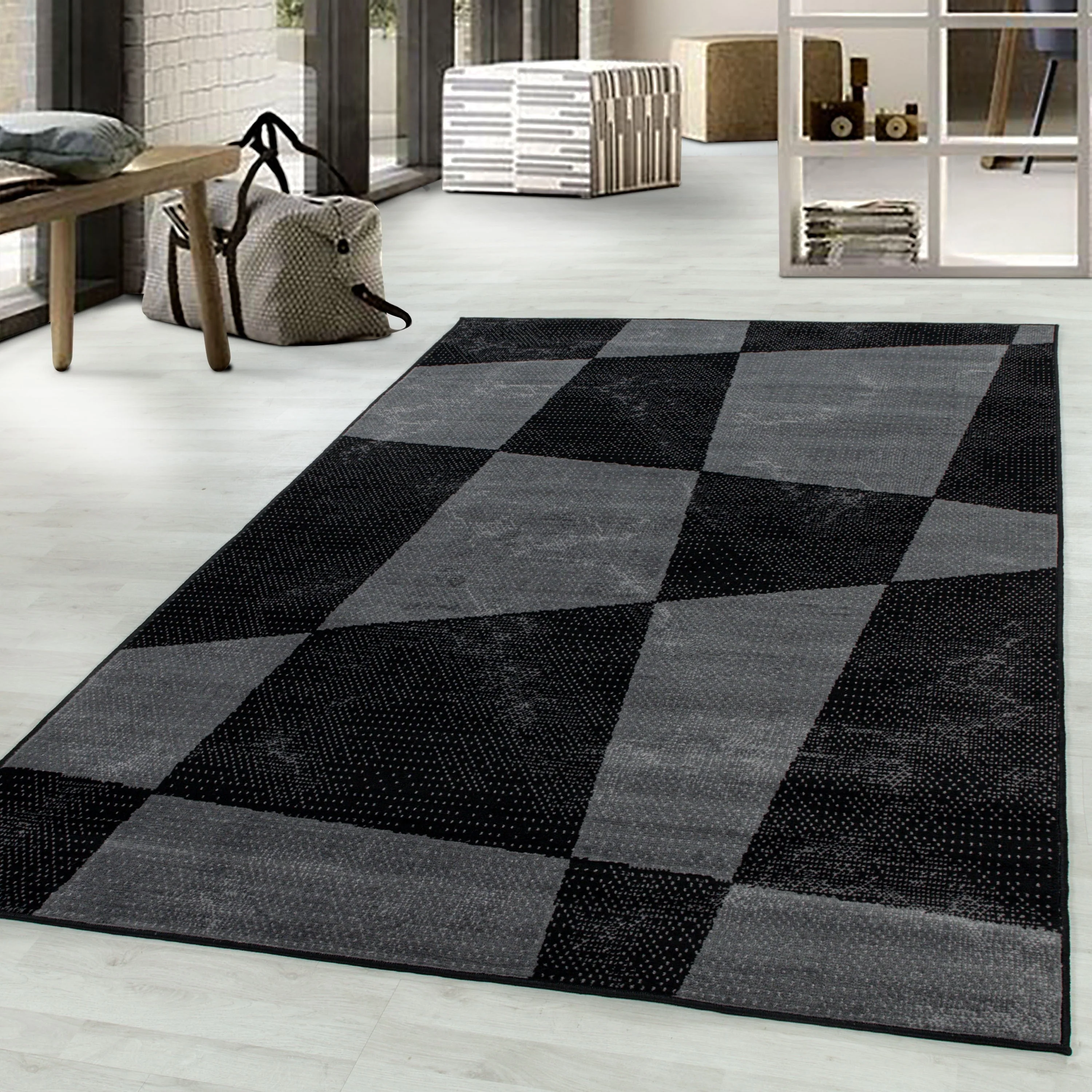 Wohnzimmerteppich Kurzflor Teppich Modernes Formen Muster Flor Weich Schwarz