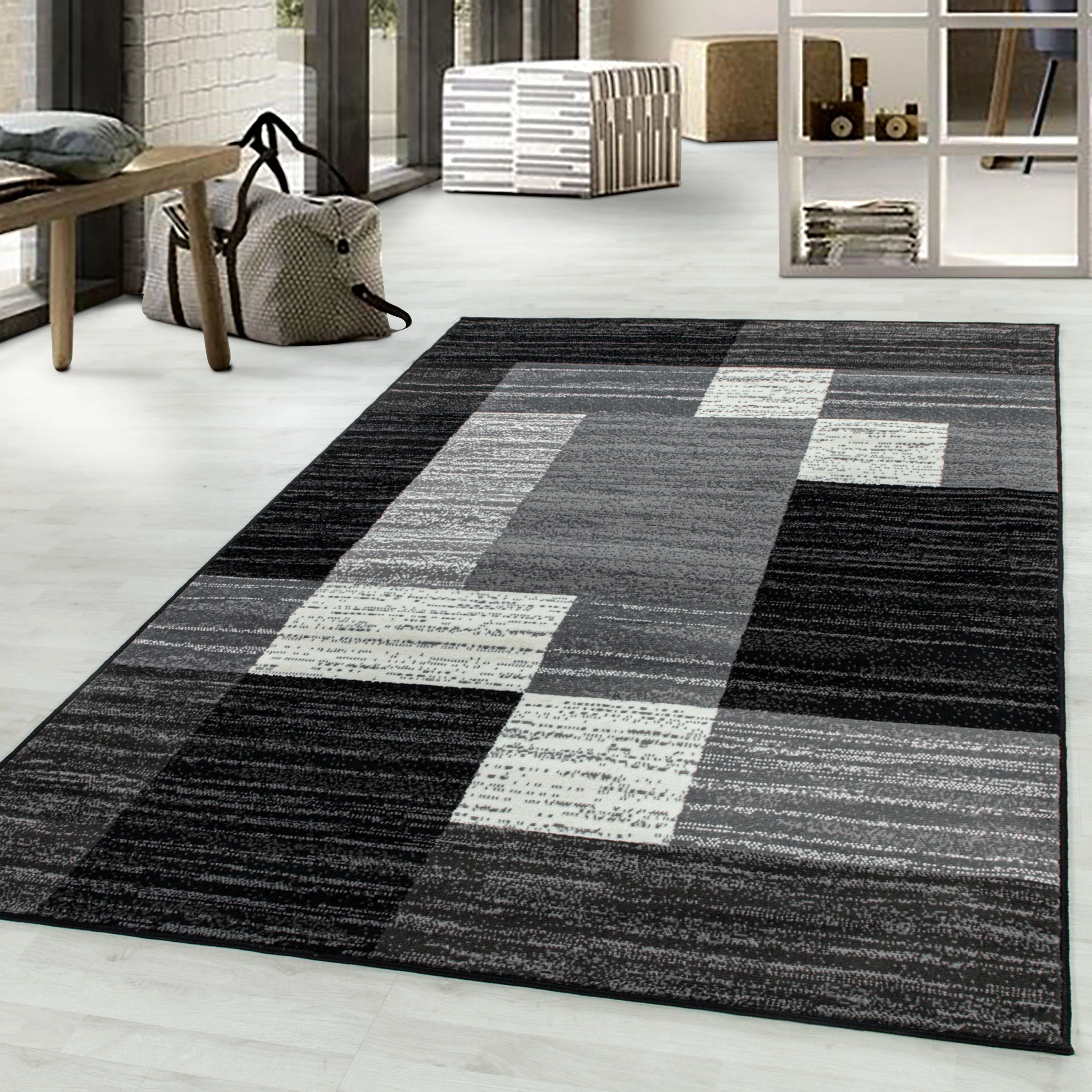 Wohnzimmerteppich Kurzflor Teppich Modernes Kachel Muster Flor Weich Schwarz
