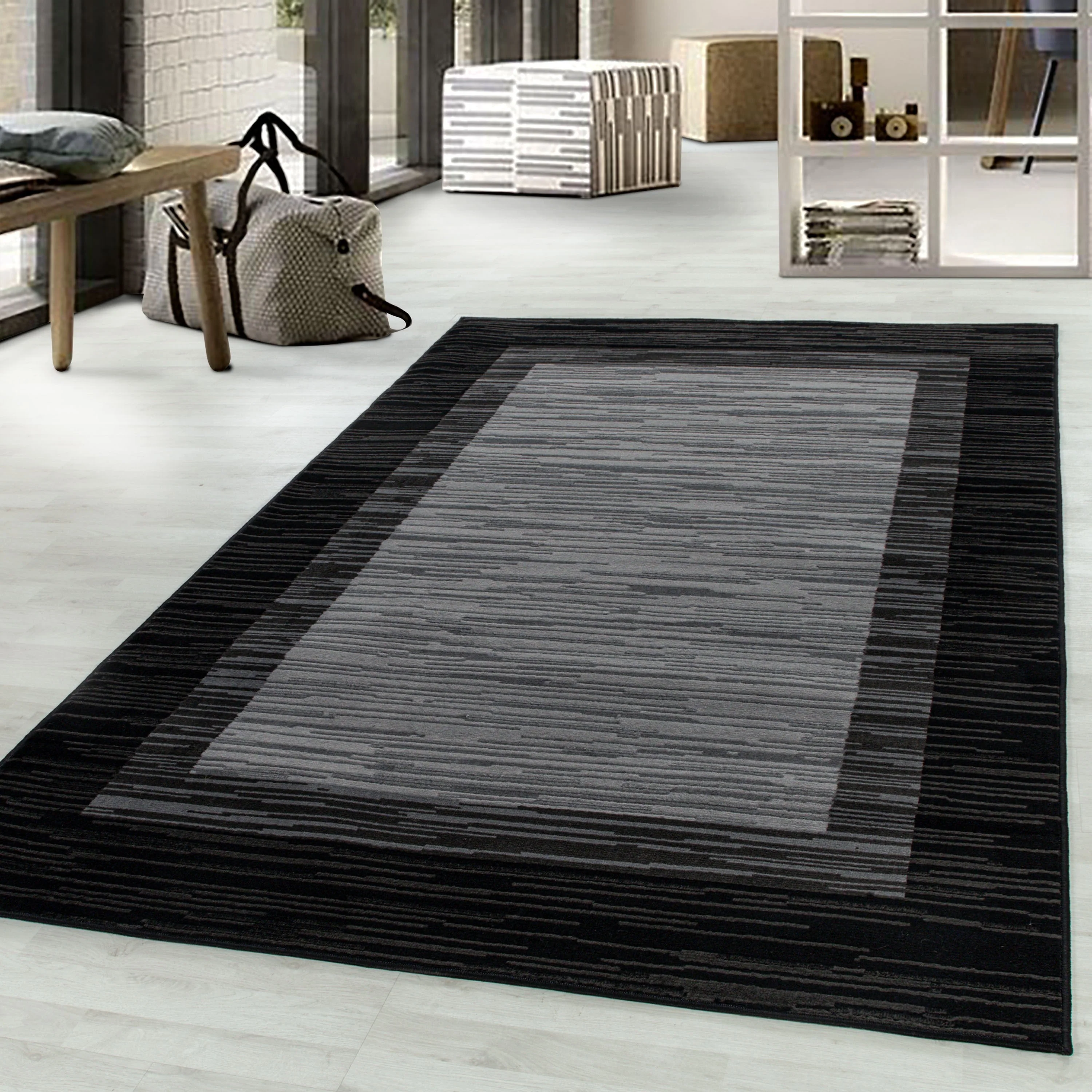 Wohnzimmerteppich Kurzflor Teppich Modernes Muster Bordüre Flor Weich Schwarz