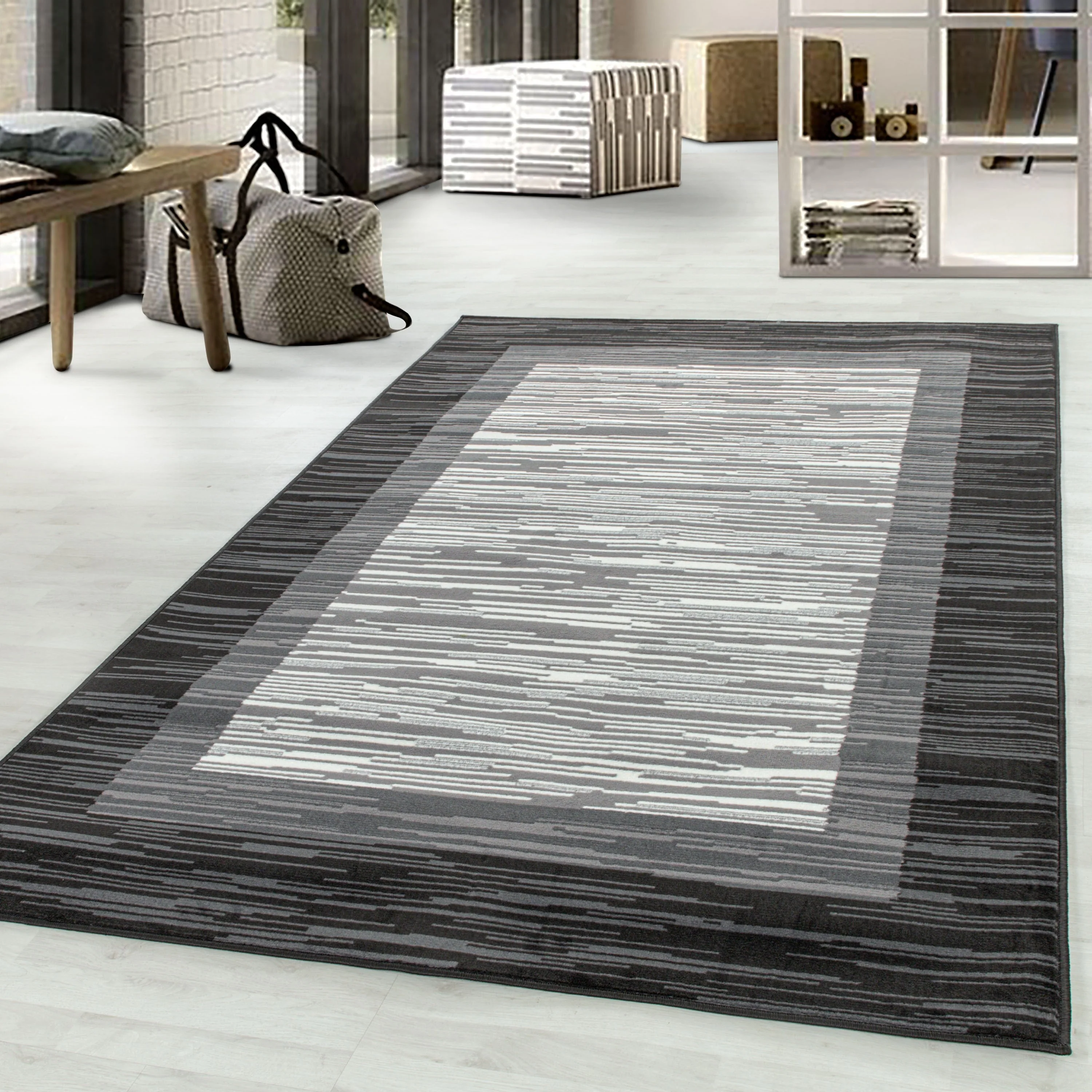Wohnzimmerteppich Kurzflor Teppich Modernes Muster mit Bordüre Flor Weich Grau