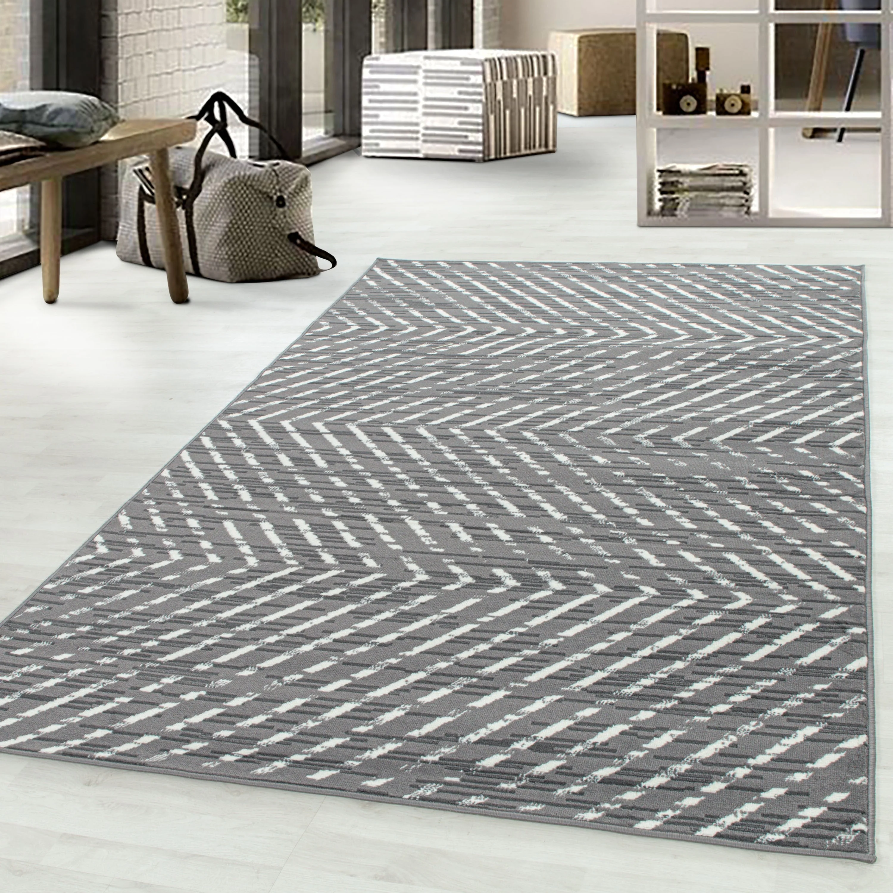 Kurzflor Teppich Grau | Modernes Strukturmuster