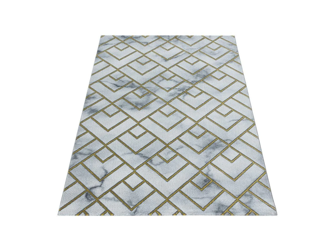 Wohnzimmerteppich Kurzflor Teppich Muster Marmoriert Linien Karo Gold - Image 2